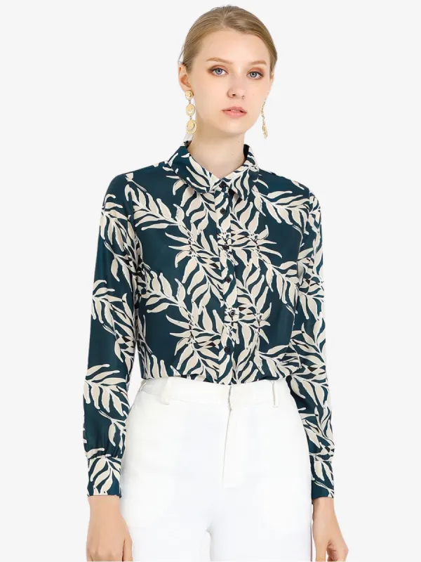 Tropical Print Lapel Collar Long Sleeve Elegant Button Down Shirt sold by Allegra K
