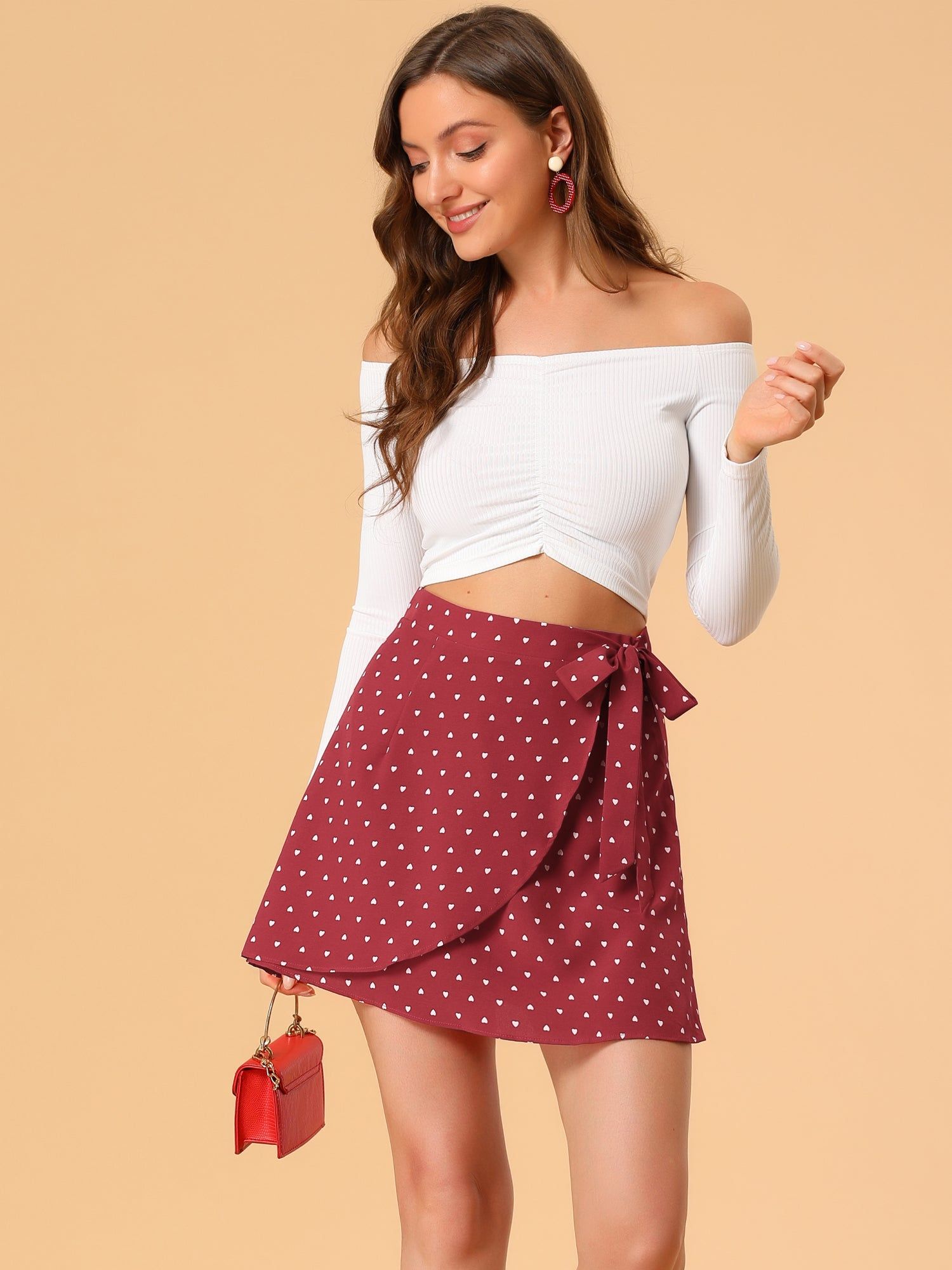Asymmetrical Bow Tie Waist A-Line Heart Printed Wrap Mini Skirt sold by Allegra K
