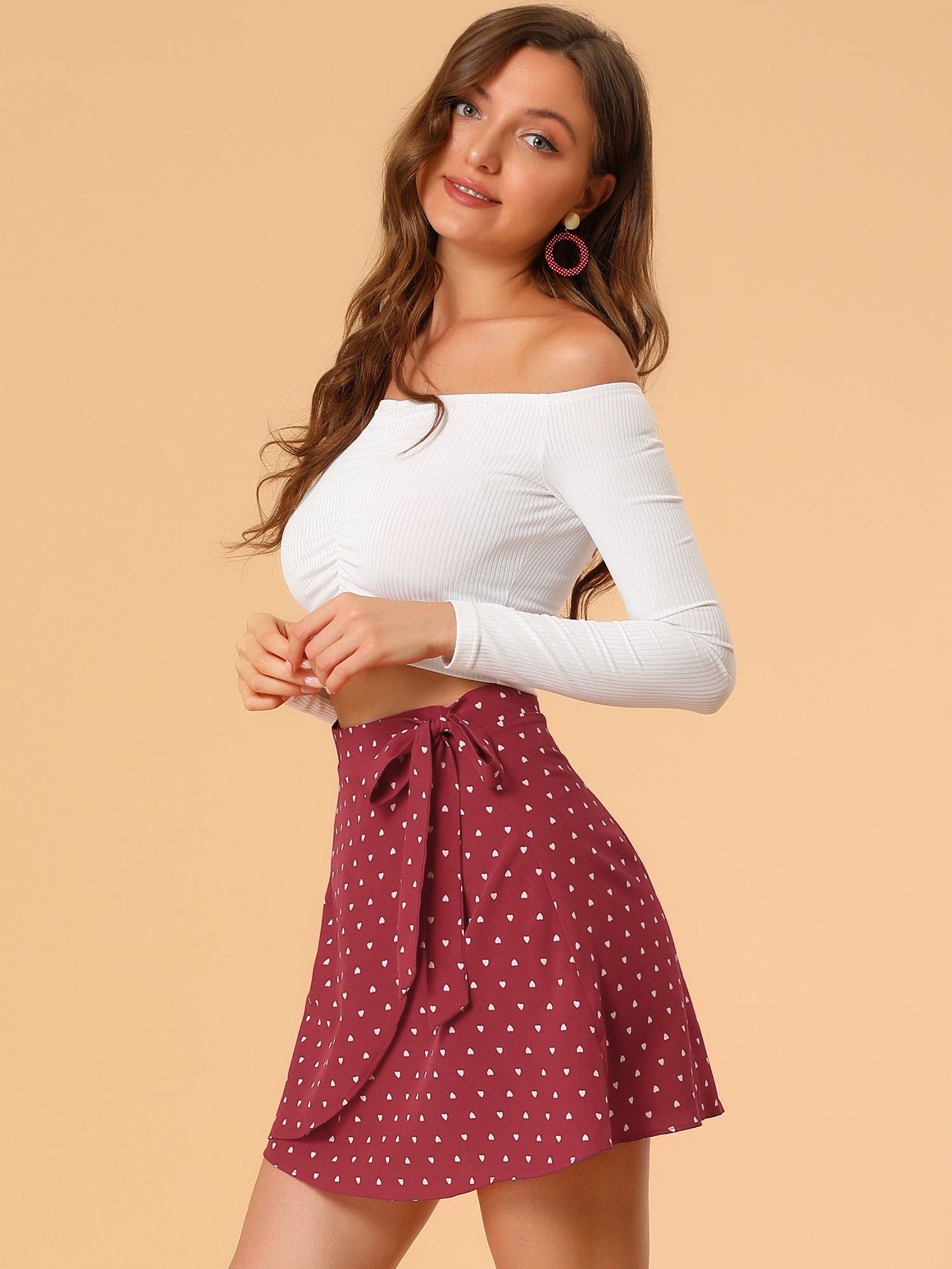 Asymmetrical Bow Tie Waist A-Line Heart Printed Wrap Mini Skirt sold by Allegra K product image thumbnail 3