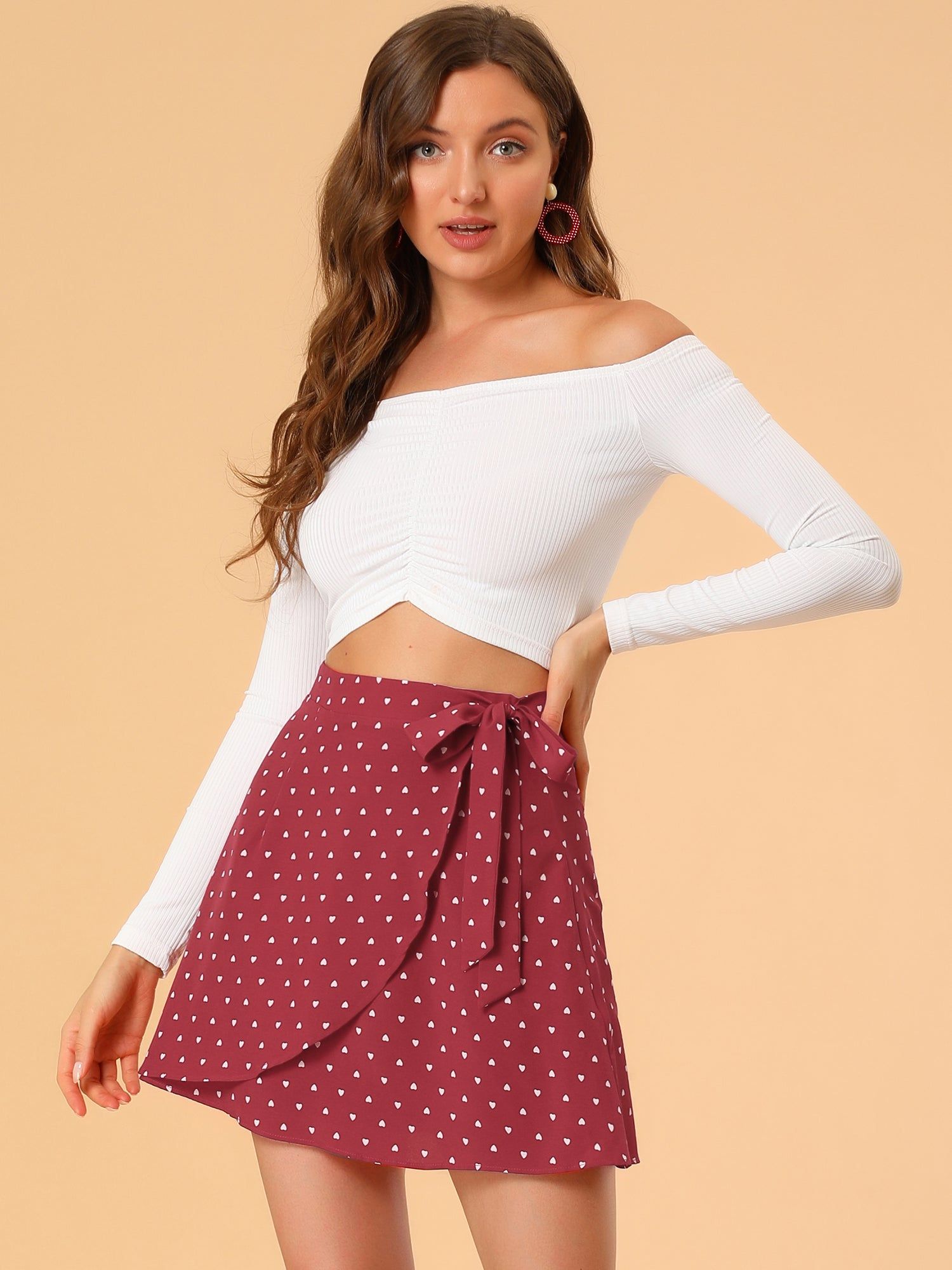 Asymmetrical Bow Tie Waist A-Line Heart Printed Wrap Mini Skirt sold by Allegra K product image thumbnail 2