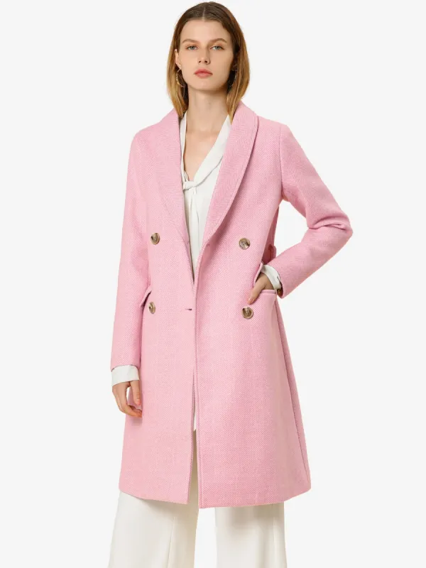 Double Breasted Shawl Collar Chevron Belted Long Winter Coat sold by Allegra K