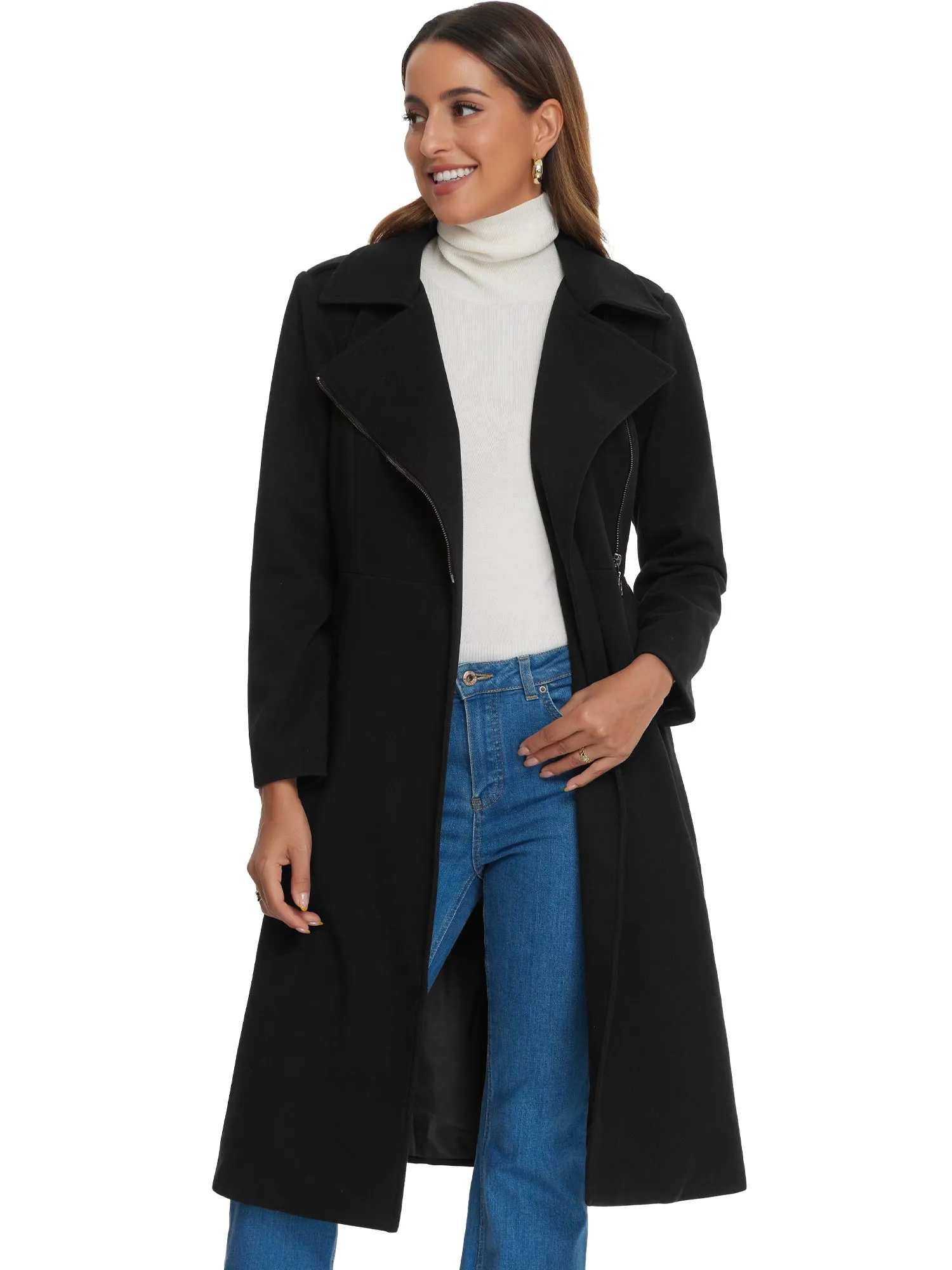 Collar Zipper Belted A-Line Winter Overcoat Long Coat sold by Allegra K product image thumbnail 5