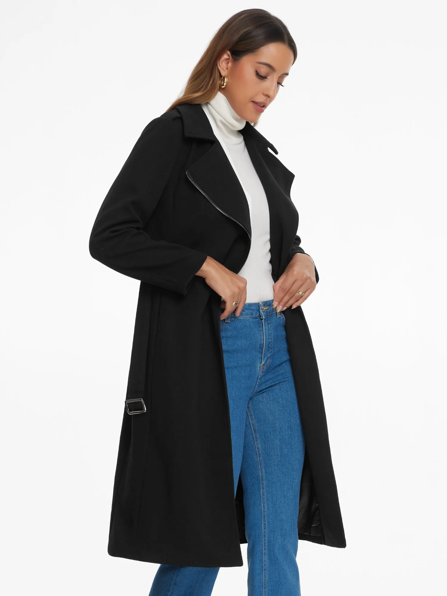 Collar Zipper Belted A-Line Winter Overcoat Long Coat sold by Allegra K product image thumbnail 2
