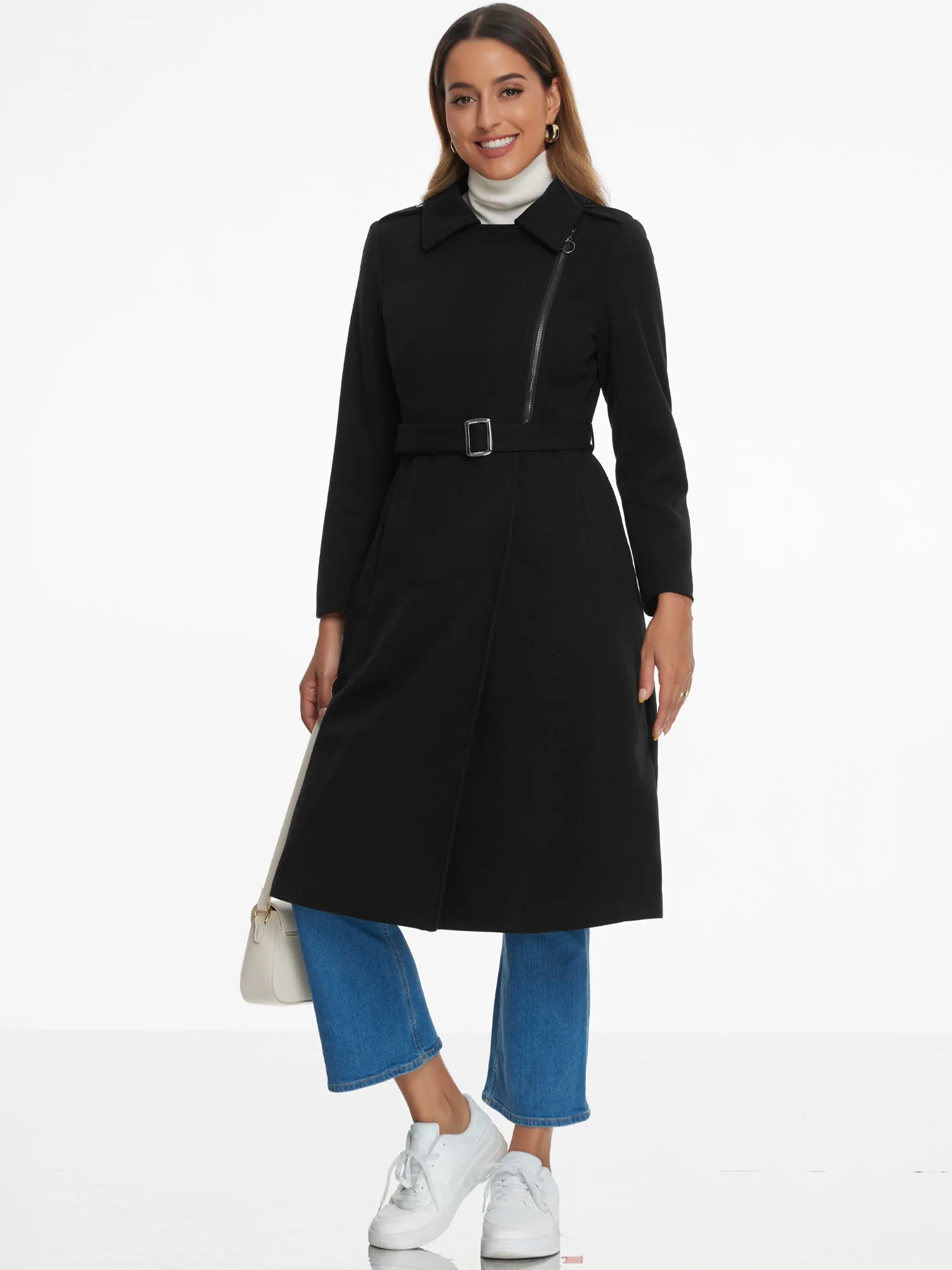 Collar Zipper Belted A-Line Winter Overcoat Long Coat sold by Allegra K
