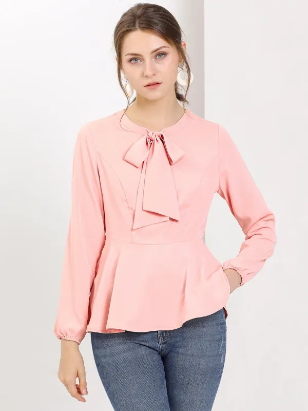 Casual Sweet Bow Tie Neck Long Sleeve Top Peplum Blouse sold by Allegra K