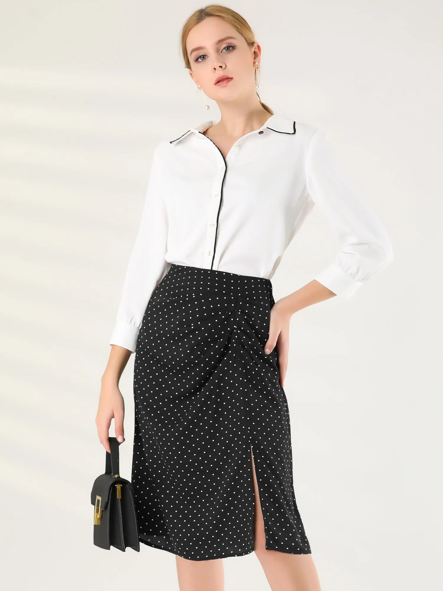 Pleated Front Split Elastic Back Work Office Polka Dots Skirt sold by Allegra K product image thumbnail 2