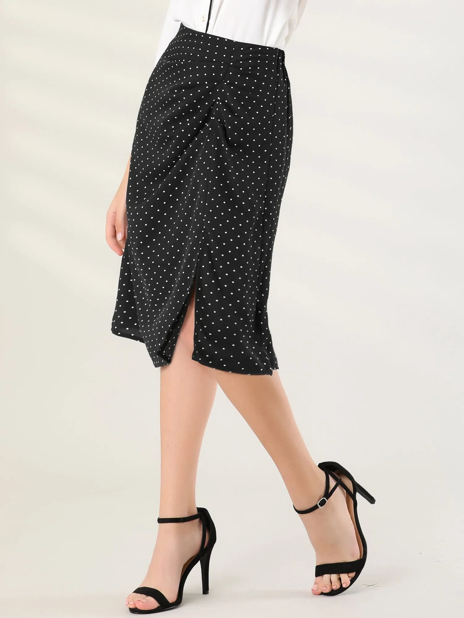 Pleated Front Split Elastic Back Work Office Polka Dots Skirt sold by Allegra K