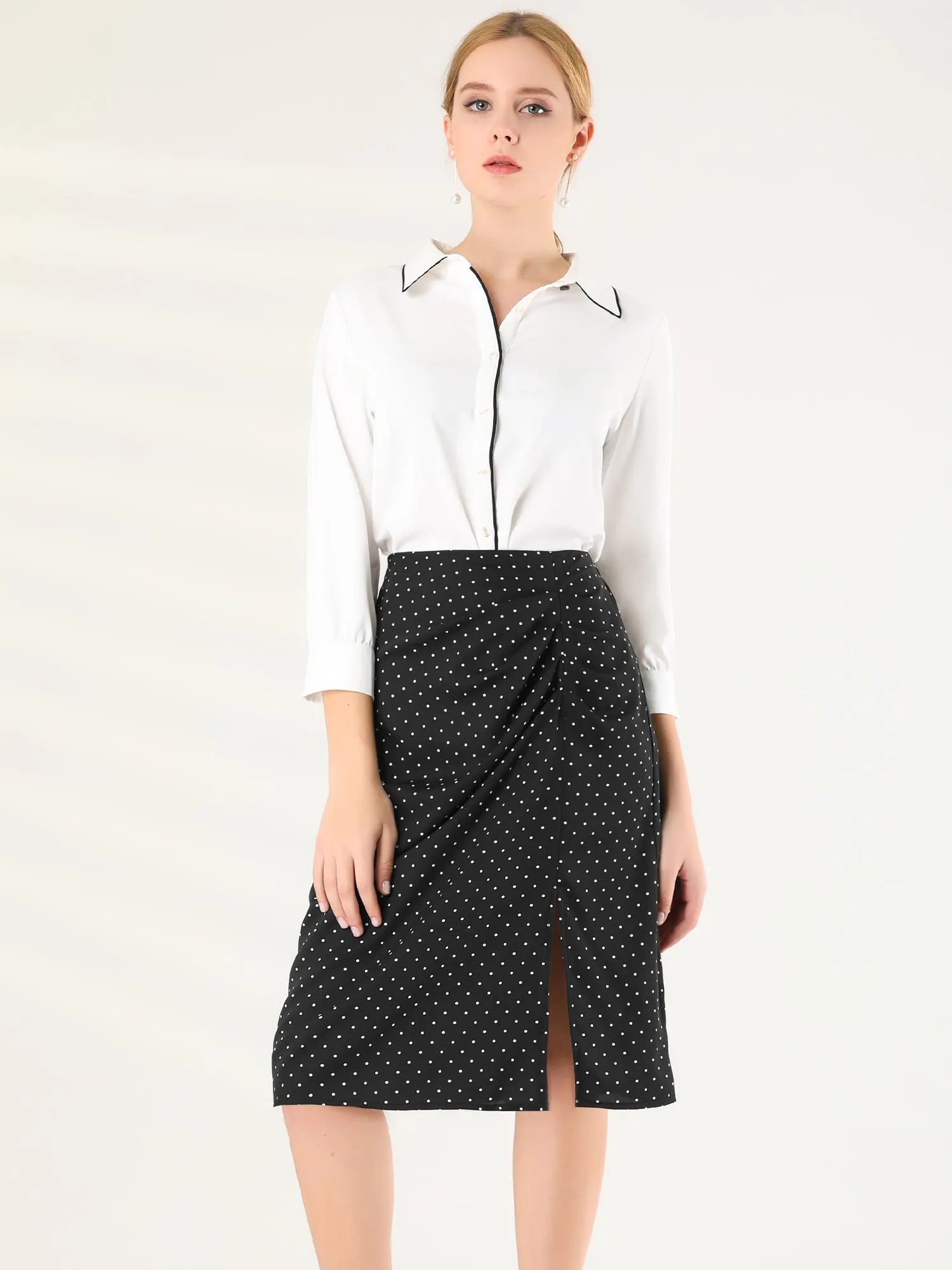 Pleated Front Split Elastic Back Work Office Polka Dots Skirt sold by Allegra K product image thumbnail 3