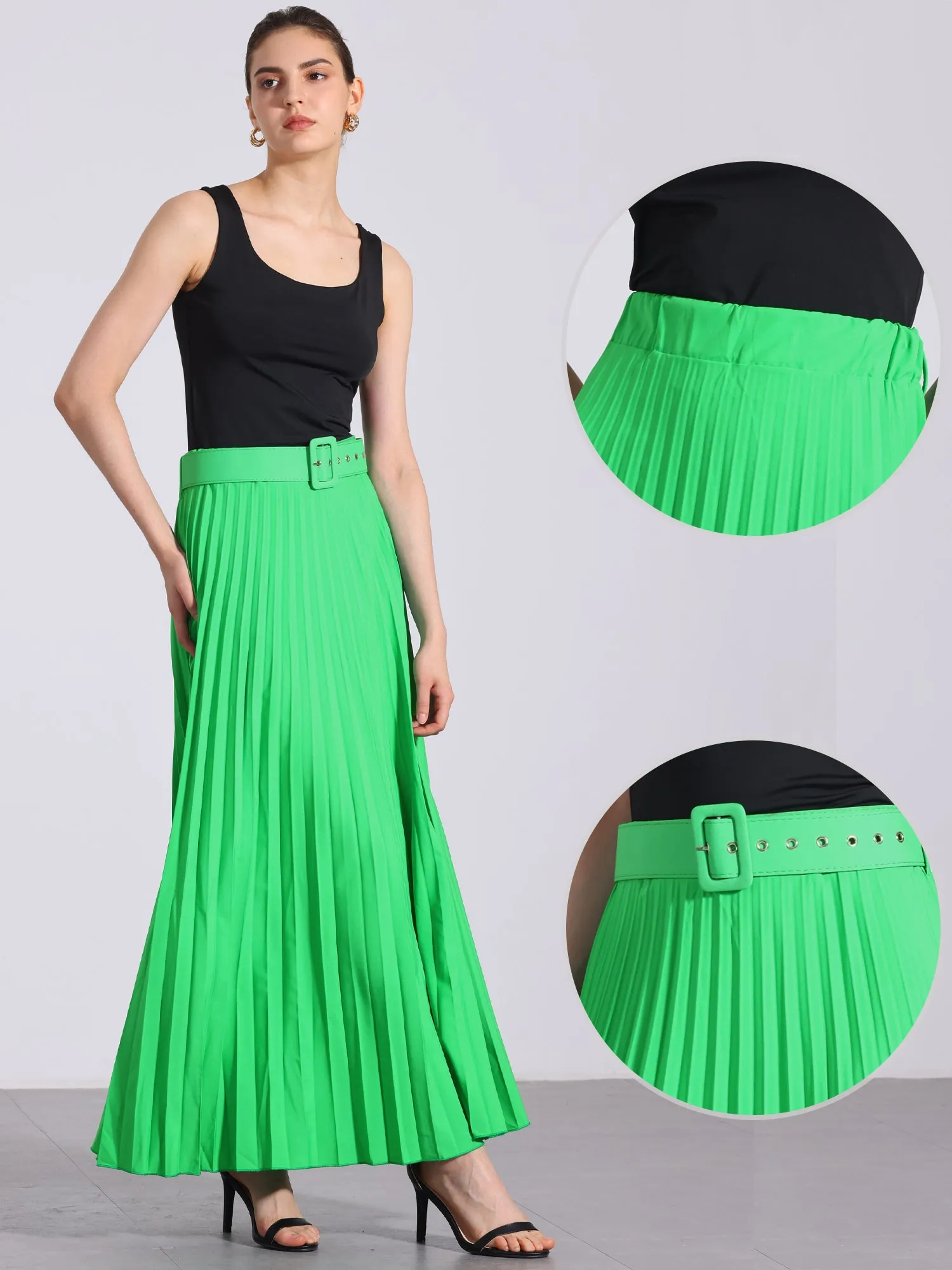 Flowy Pleated Elastic High Waist Belted Swing A-line Maxi Skirt sold by Allegra K product image thumbnail 5