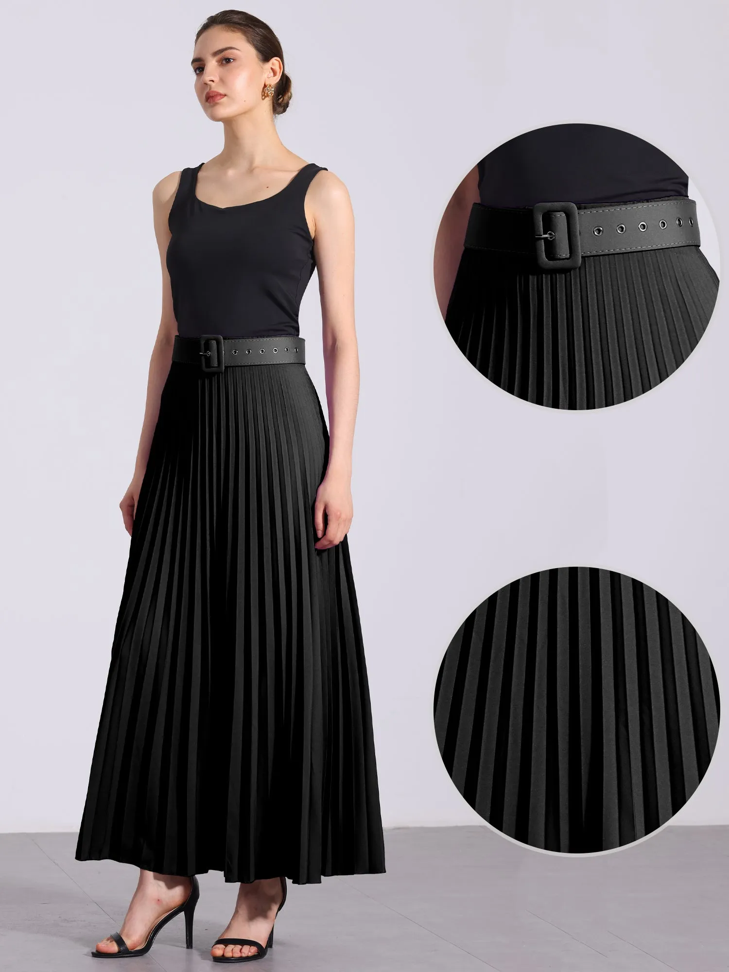 Flowy Pleated Elastic High Waist Belted Swing A-line Maxi Skirt sold by Allegra K product image thumbnail 2