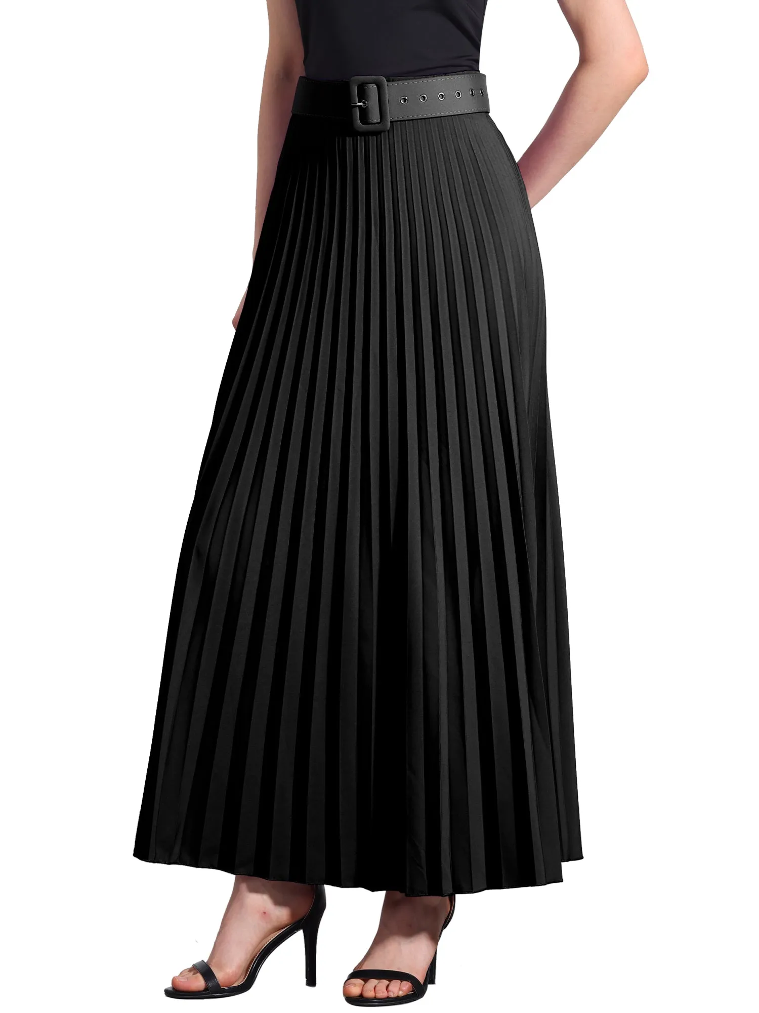 Flowy Pleated Elastic High Waist Belted Swing A-line Maxi Skirt sold by Allegra K product image thumbnail 4