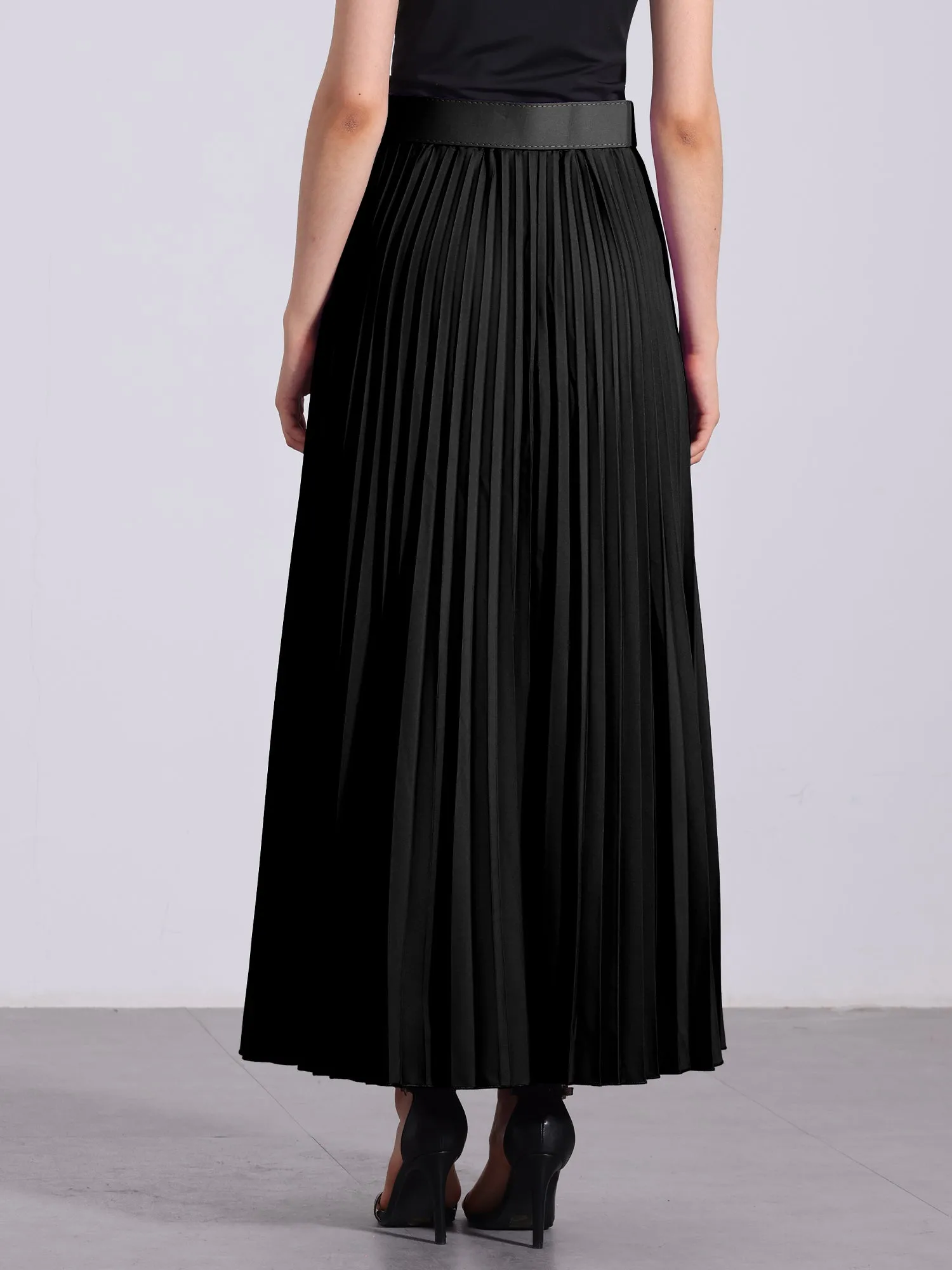 Flowy Pleated Elastic High Waist Belted Swing A-line Maxi Skirt sold by Allegra K product image thumbnail 3