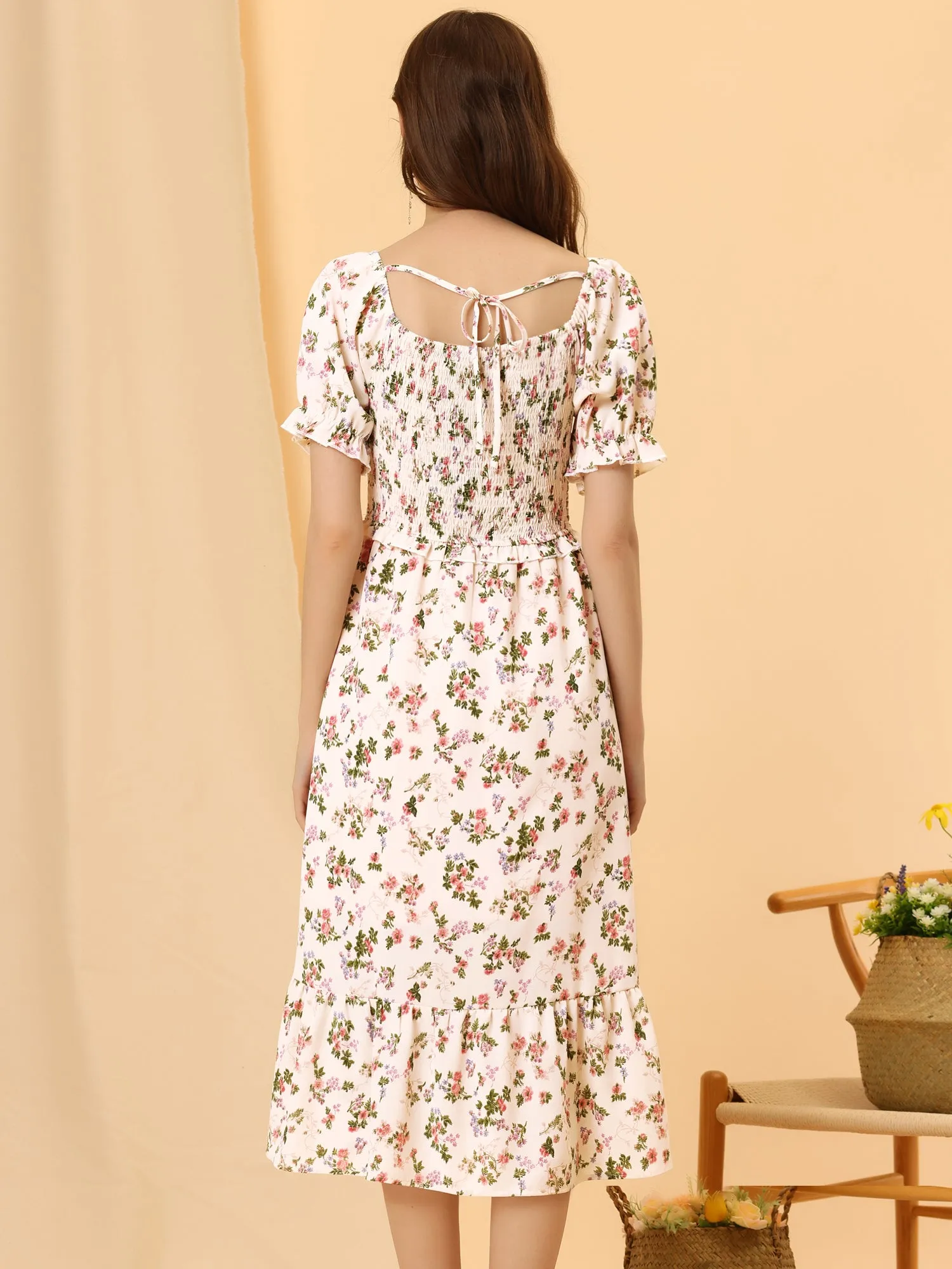 Floral Sweetheart Neck Ruffle Short Sleeve Midi Smocked A-line Dress sold by Allegra K product image thumbnail 3