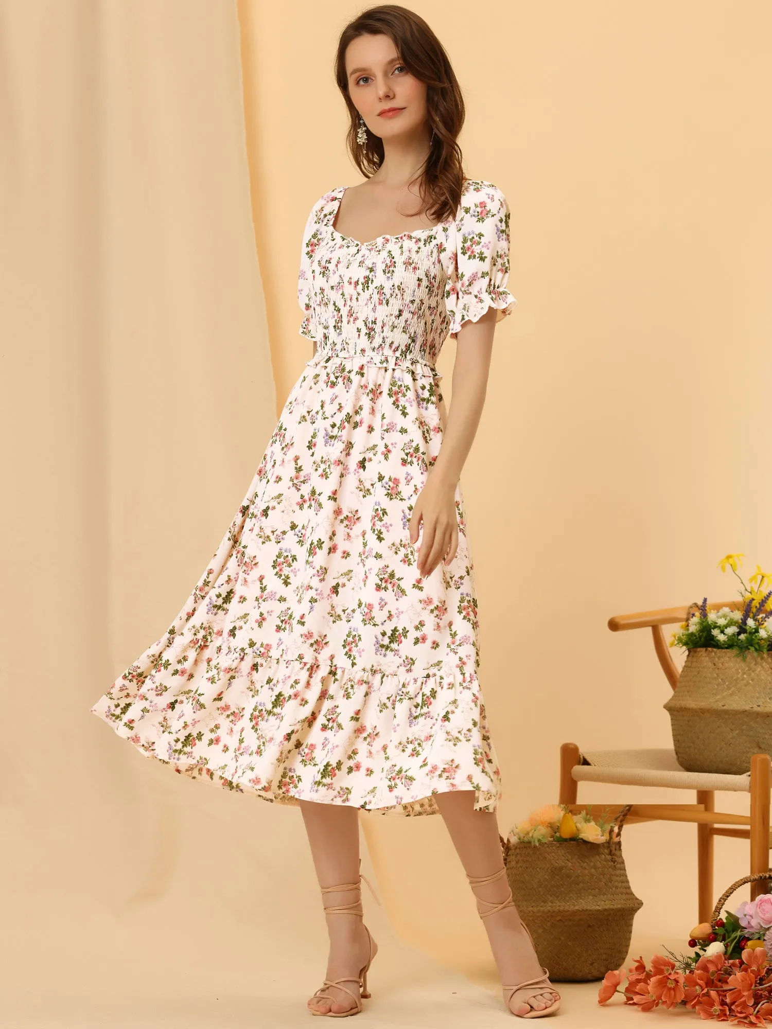 Floral Sweetheart Neck Ruffle Short Sleeve Midi Smocked A-line Dress sold by Allegra K product image thumbnail 4
