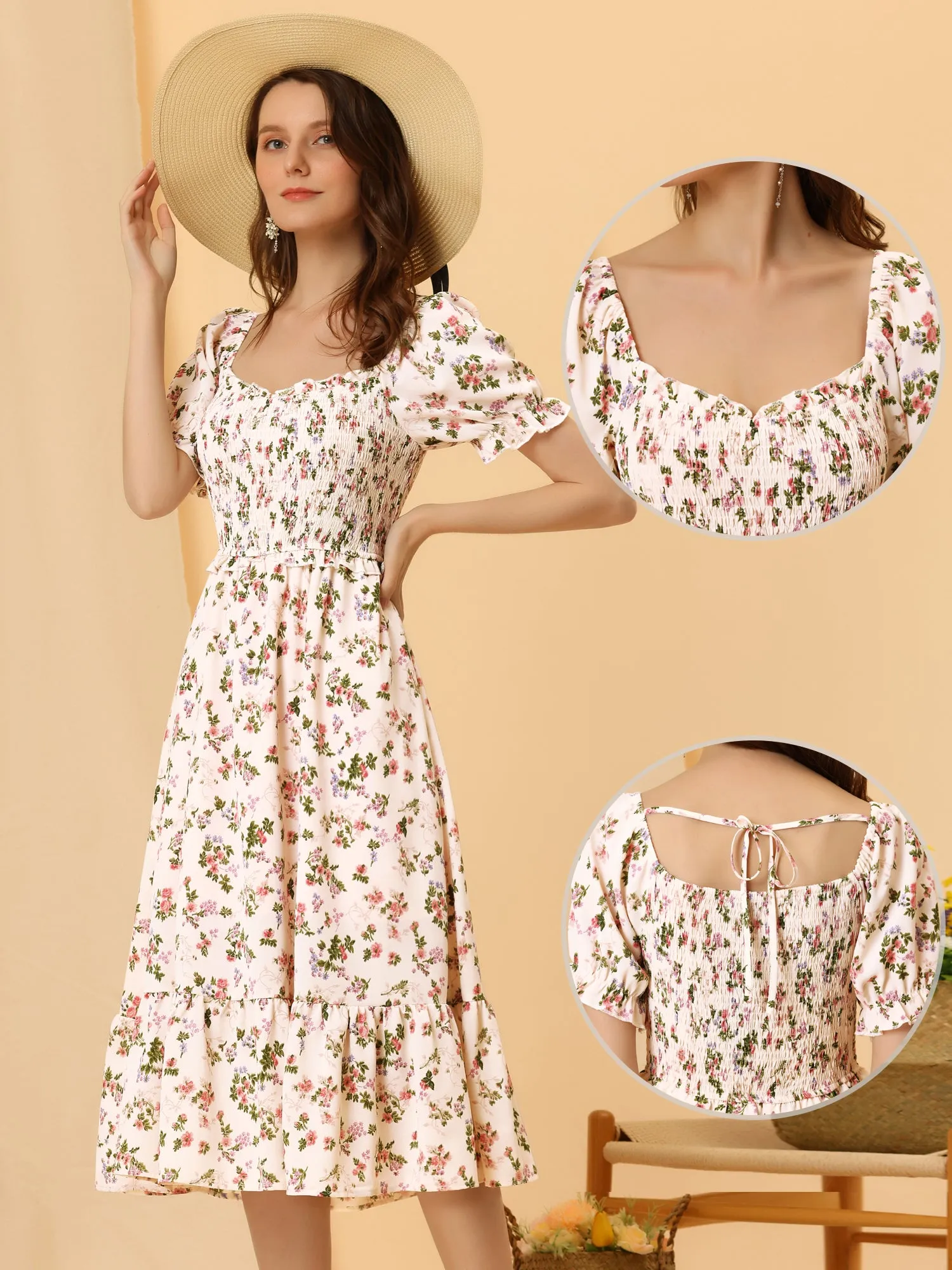 Floral Sweetheart Neck Ruffle Short Sleeve Midi Smocked A-line Dress sold by Allegra K product image thumbnail 2