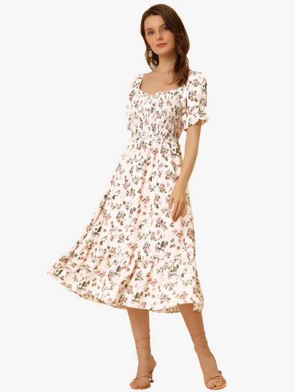 Floral Sweetheart Neck Ruffle Short Sleeve Midi Smocked A-line Dress sold by Allegra K