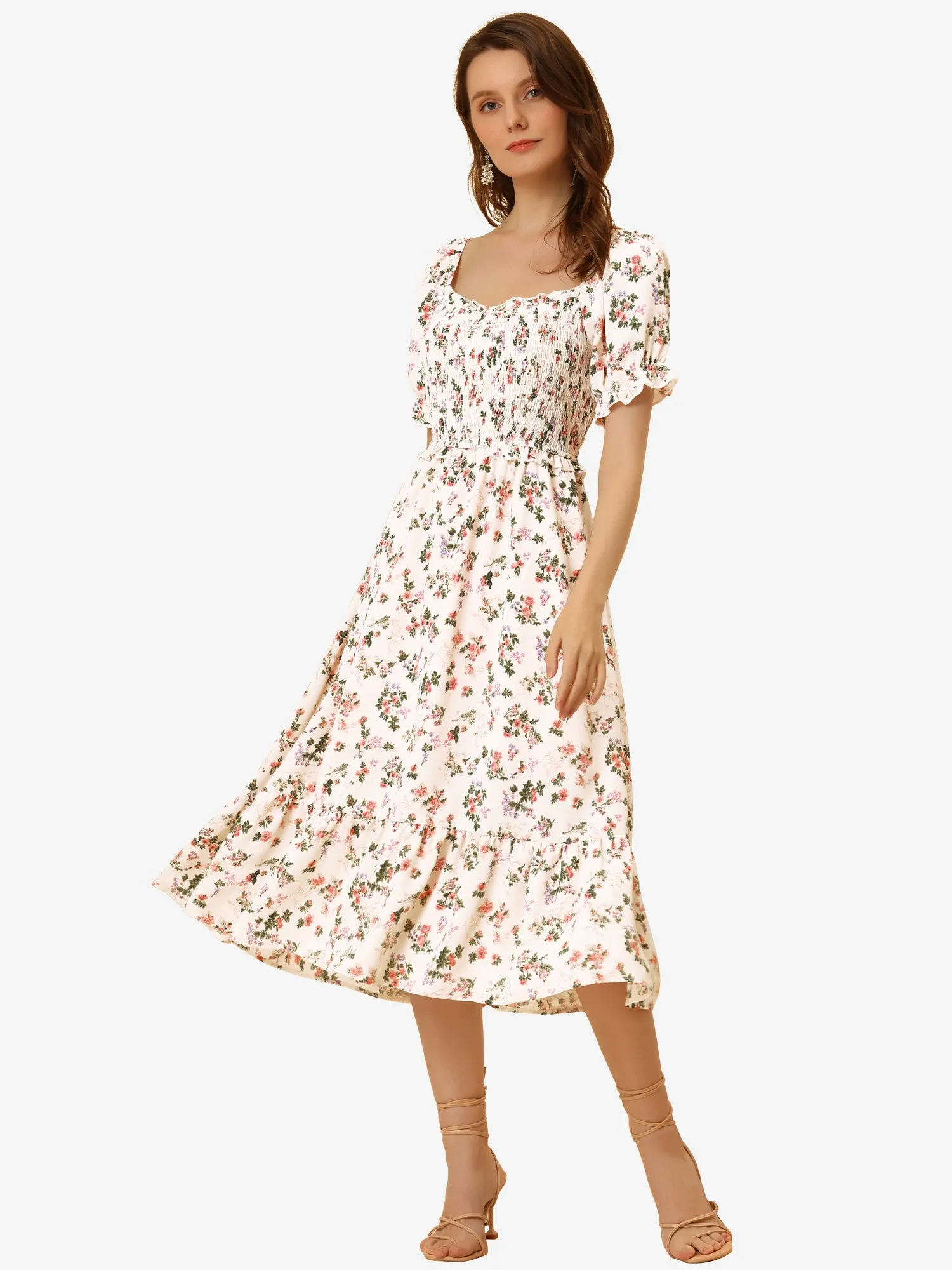 Floral Sweetheart Neck Ruffle Short Sleeve Midi Smocked A-line Dress sold by Allegra K