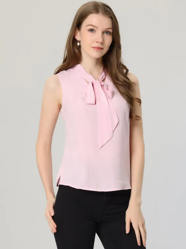 Tie Collar Elegant Solid Tops Sleeveless Work Blouse sold by Allegra K