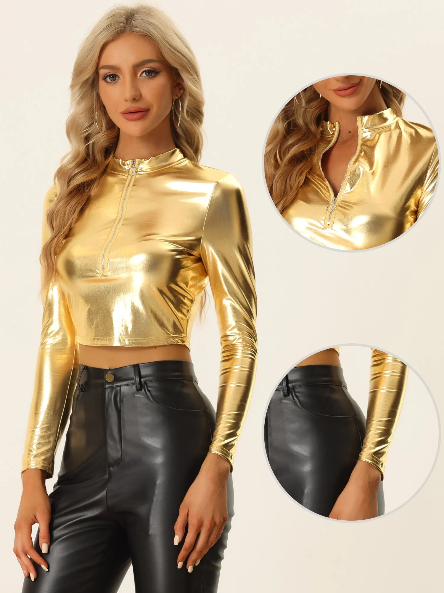 Party Tops Long Sleeve Zip Up Metallic Crop Top sold by Allegra K product image thumbnail 2