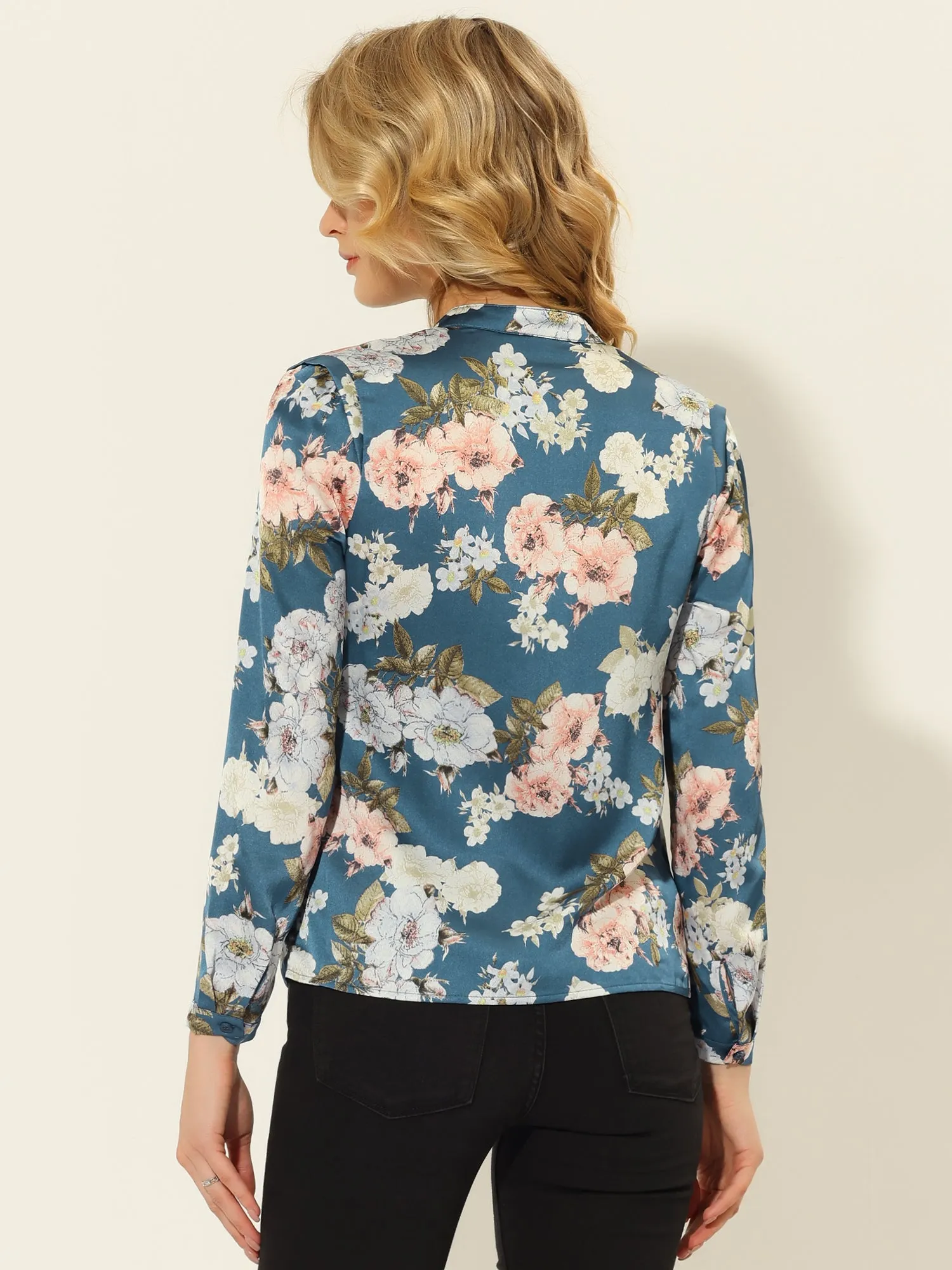 Floral Blouse V Neck Long Sleeve Satin Button Down Shirt sold by Allegra K product image thumbnail 3