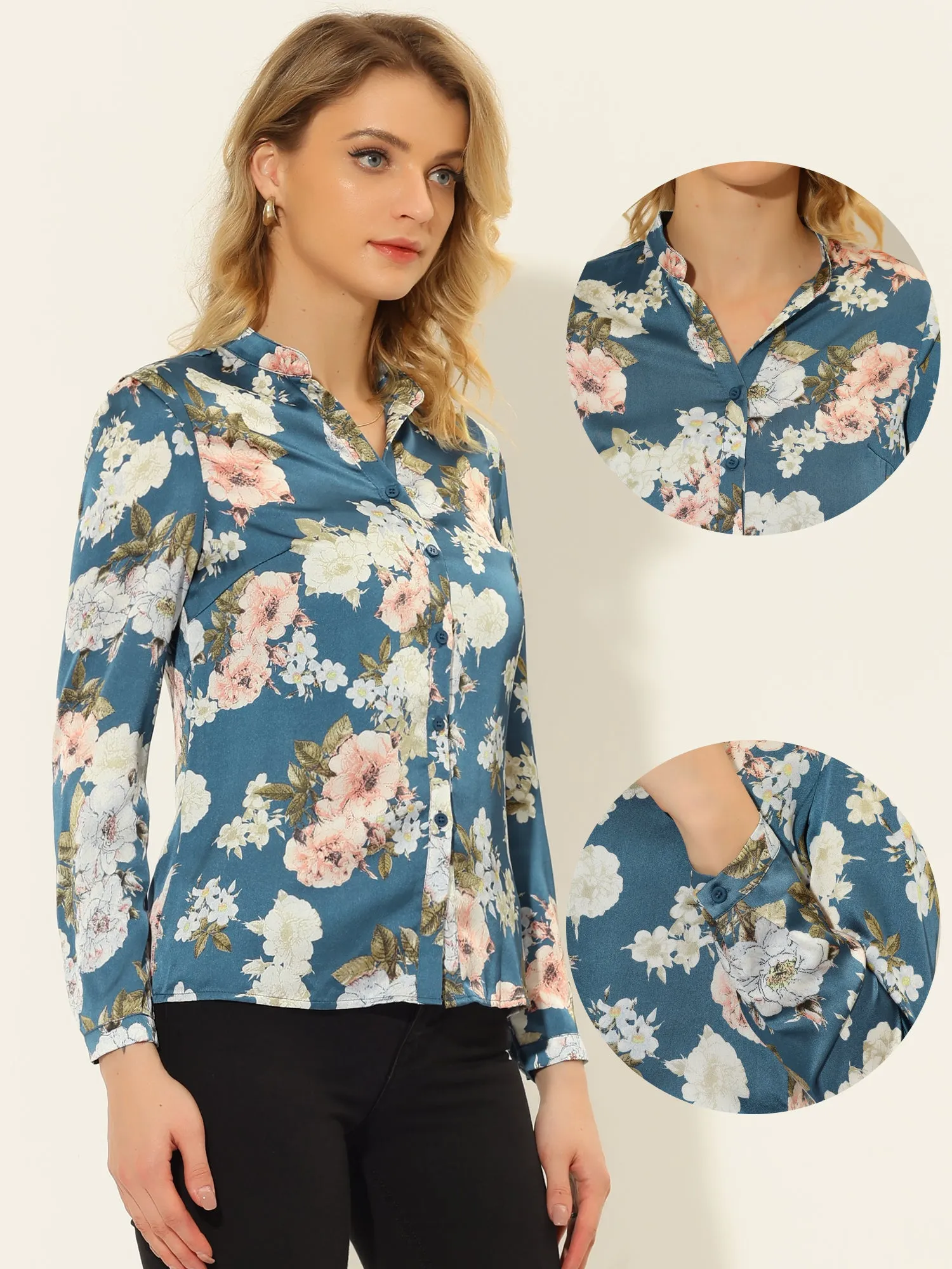 Floral Blouse V Neck Long Sleeve Satin Button Down Shirt sold by Allegra K product image thumbnail 2