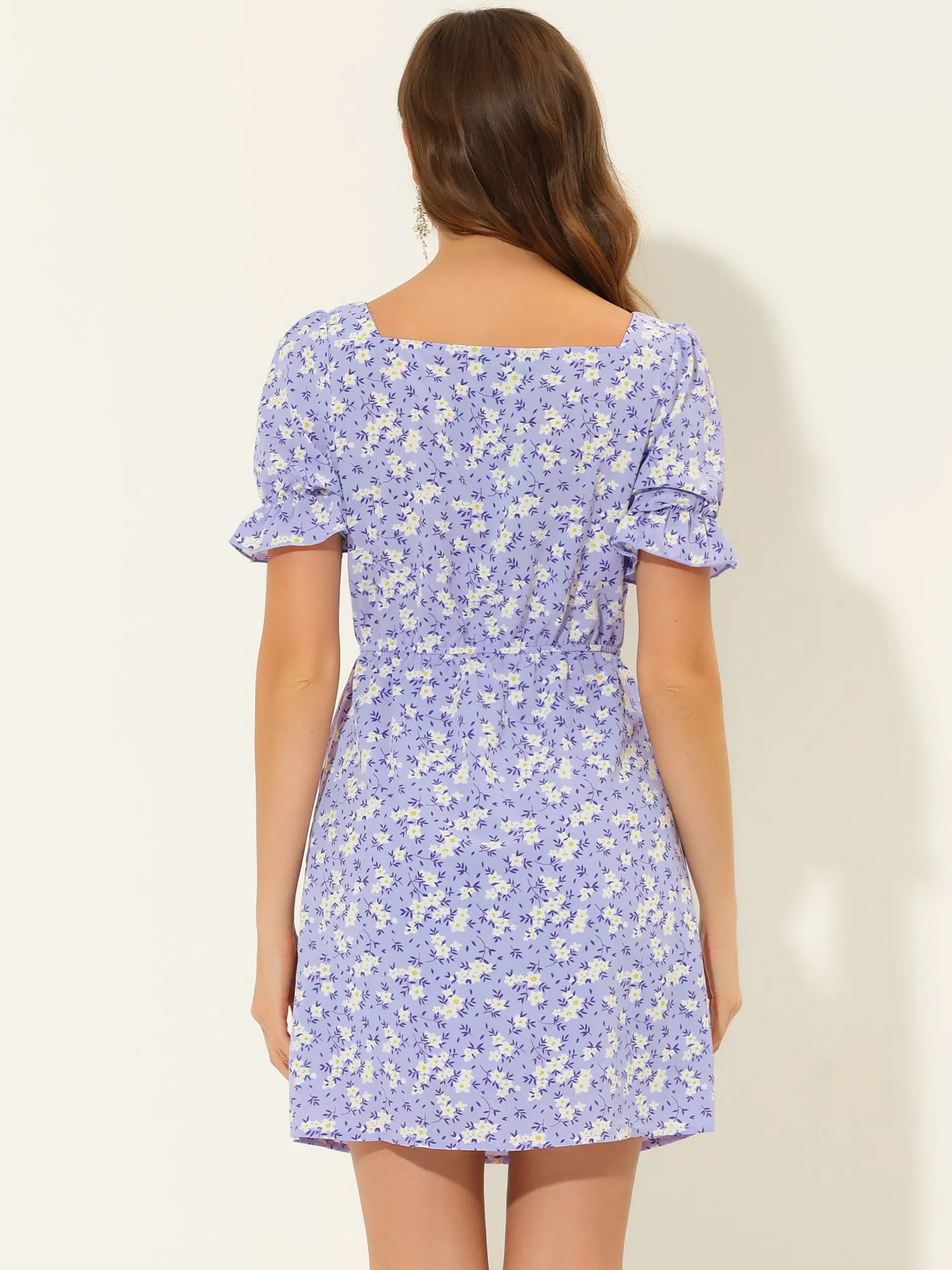 Causal Square Neck Elastic Waist Puff Sleeve Floral Short Dress sold by Allegra K product image thumbnail 5