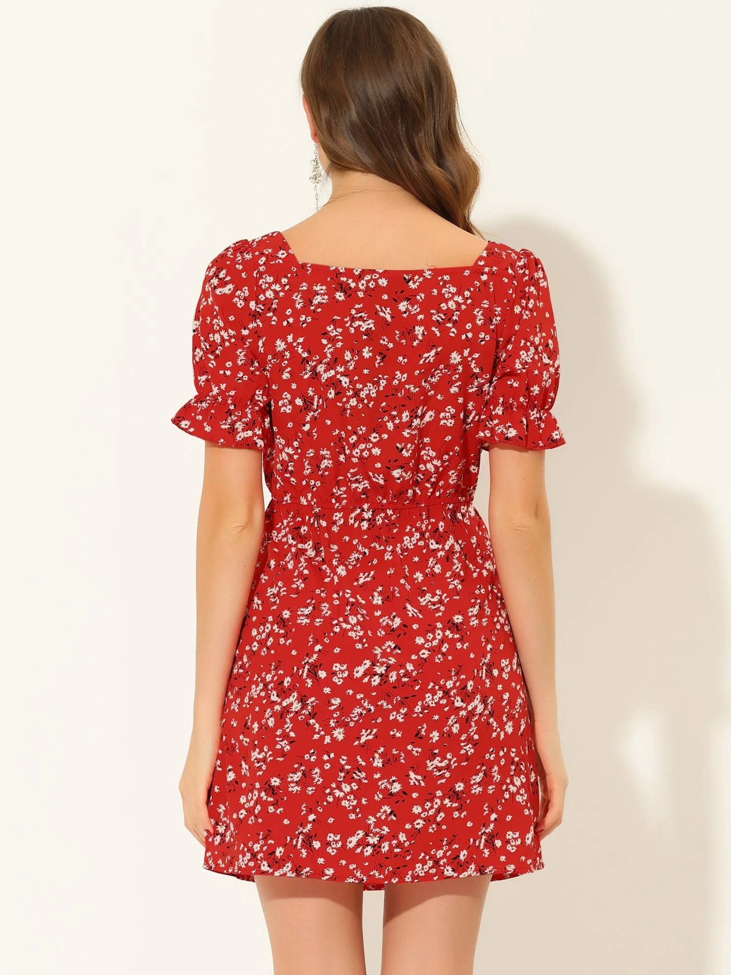 Causal Square Neck Elastic Waist Puff Sleeve Floral Short Dress sold by Allegra K product image thumbnail 3