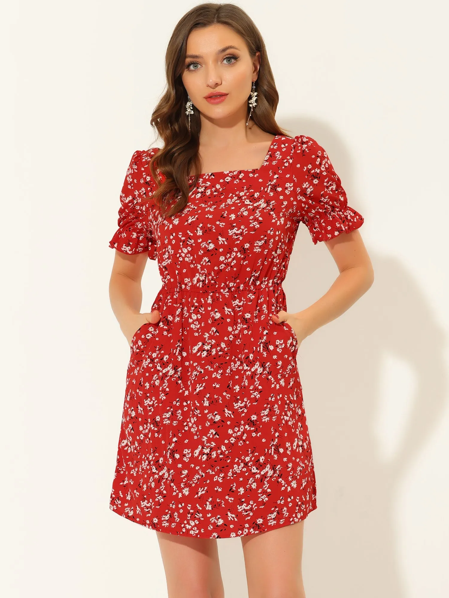 Causal Square Neck Elastic Waist Puff Sleeve Floral Short Dress sold by Allegra K