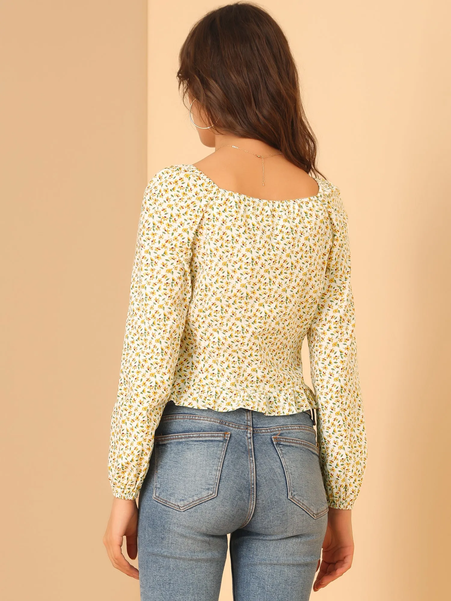 Ditsy Floral Sweetheart Neck Long Sleeve Pleated Ruffle Blouse Top sold by Allegra K product image thumbnail 5