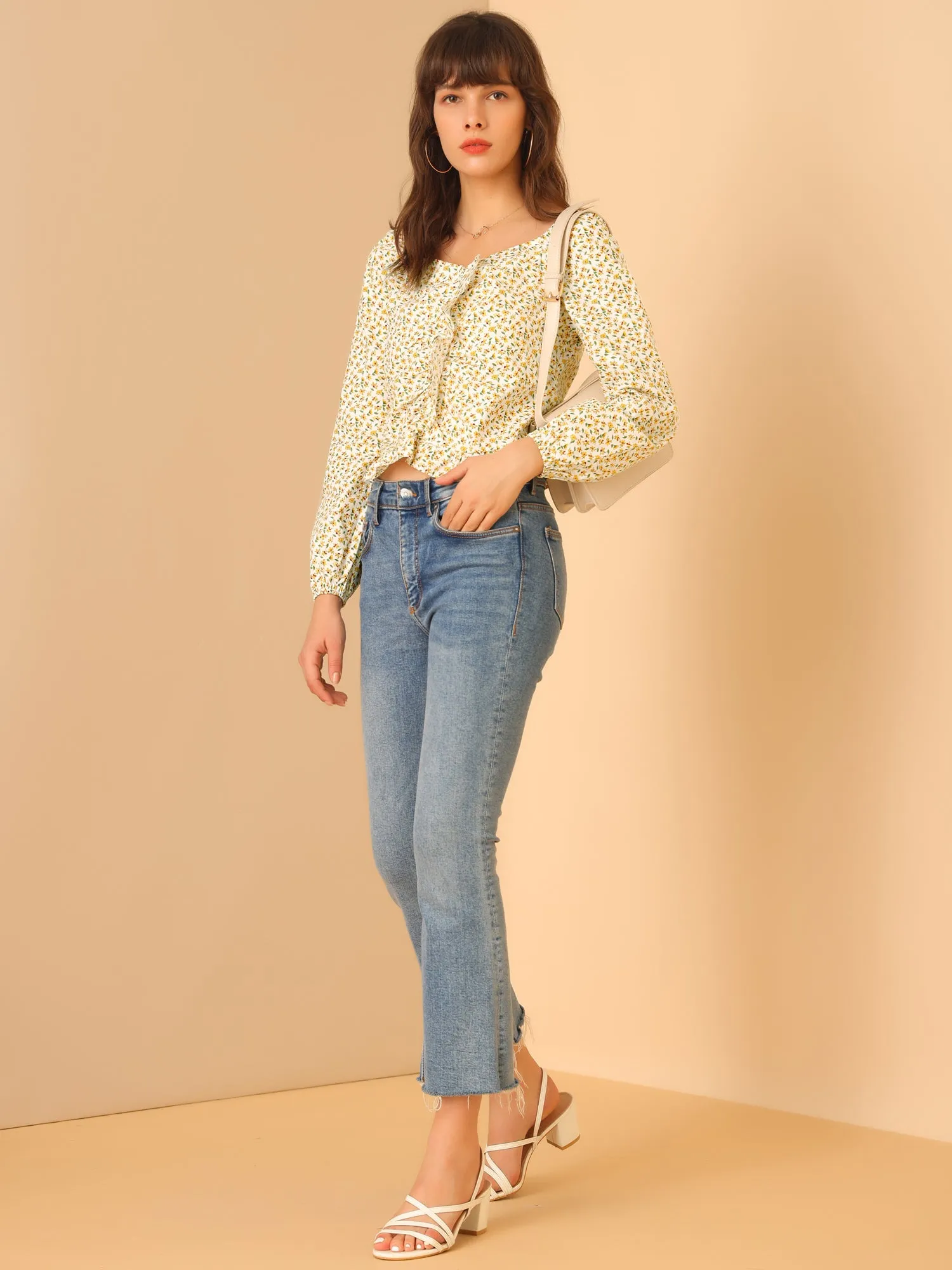 Ditsy Floral Sweetheart Neck Long Sleeve Pleated Ruffle Blouse Top sold by Allegra K product image thumbnail 2