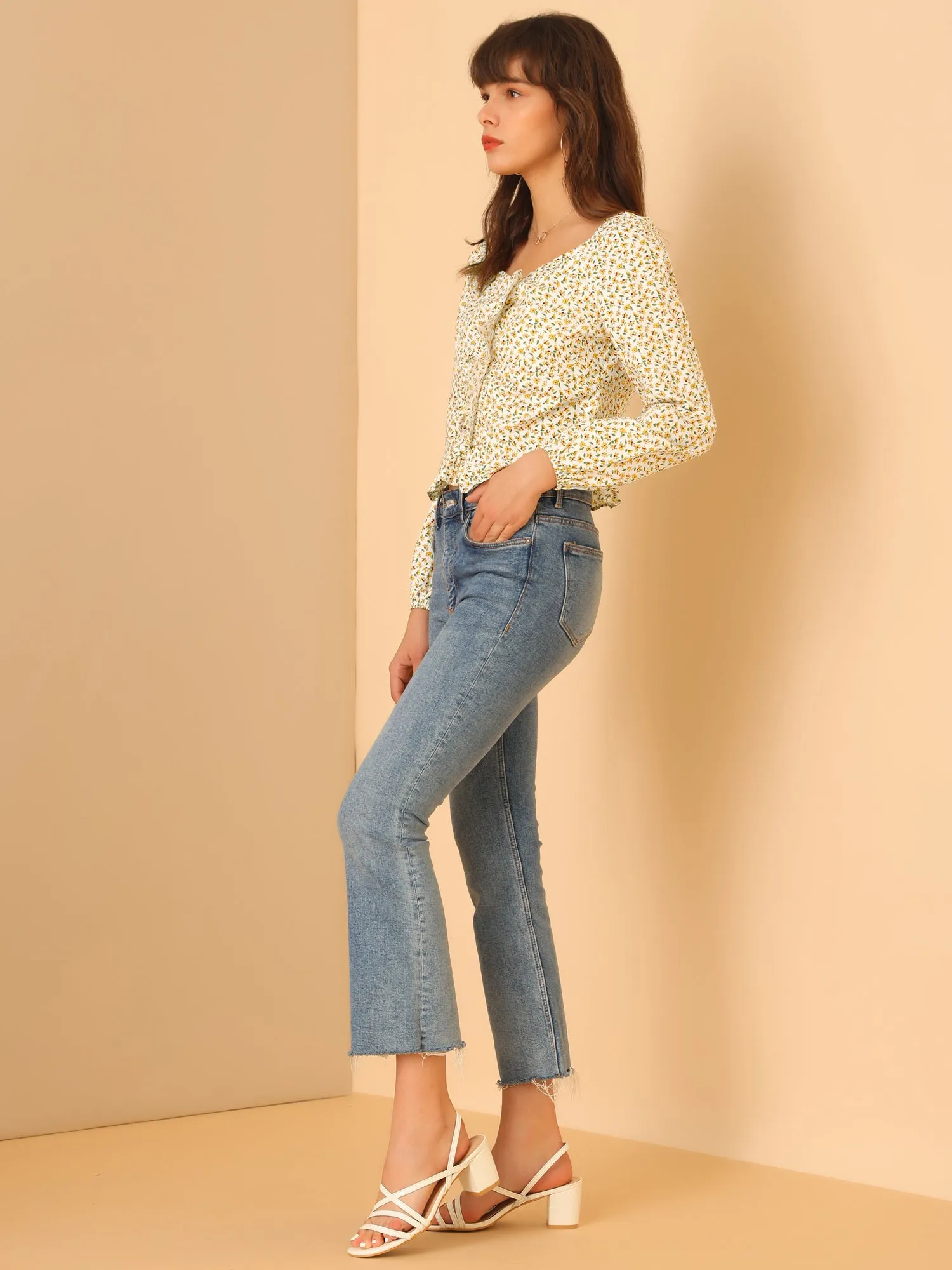 Ditsy Floral Sweetheart Neck Long Sleeve Pleated Ruffle Blouse Top sold by Allegra K product image thumbnail 4
