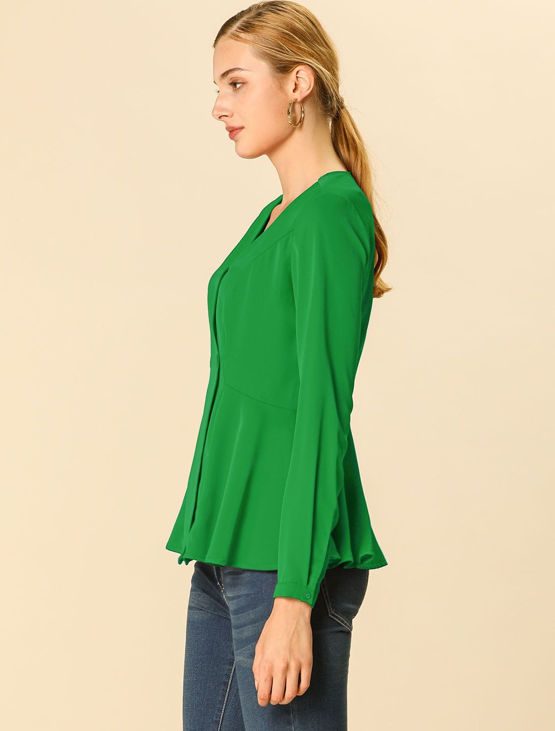 Elegant Peplum Blouse V Neck Button Closure Long Sleeve Top sold by Allegra K product image thumbnail 3