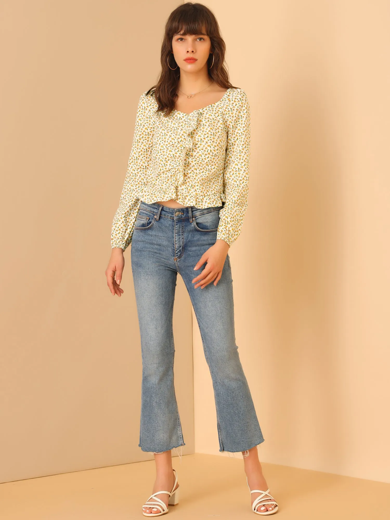 Ditsy Floral Sweetheart Neck Long Sleeve Pleated Ruffle Blouse Top sold by Allegra K product image thumbnail 3