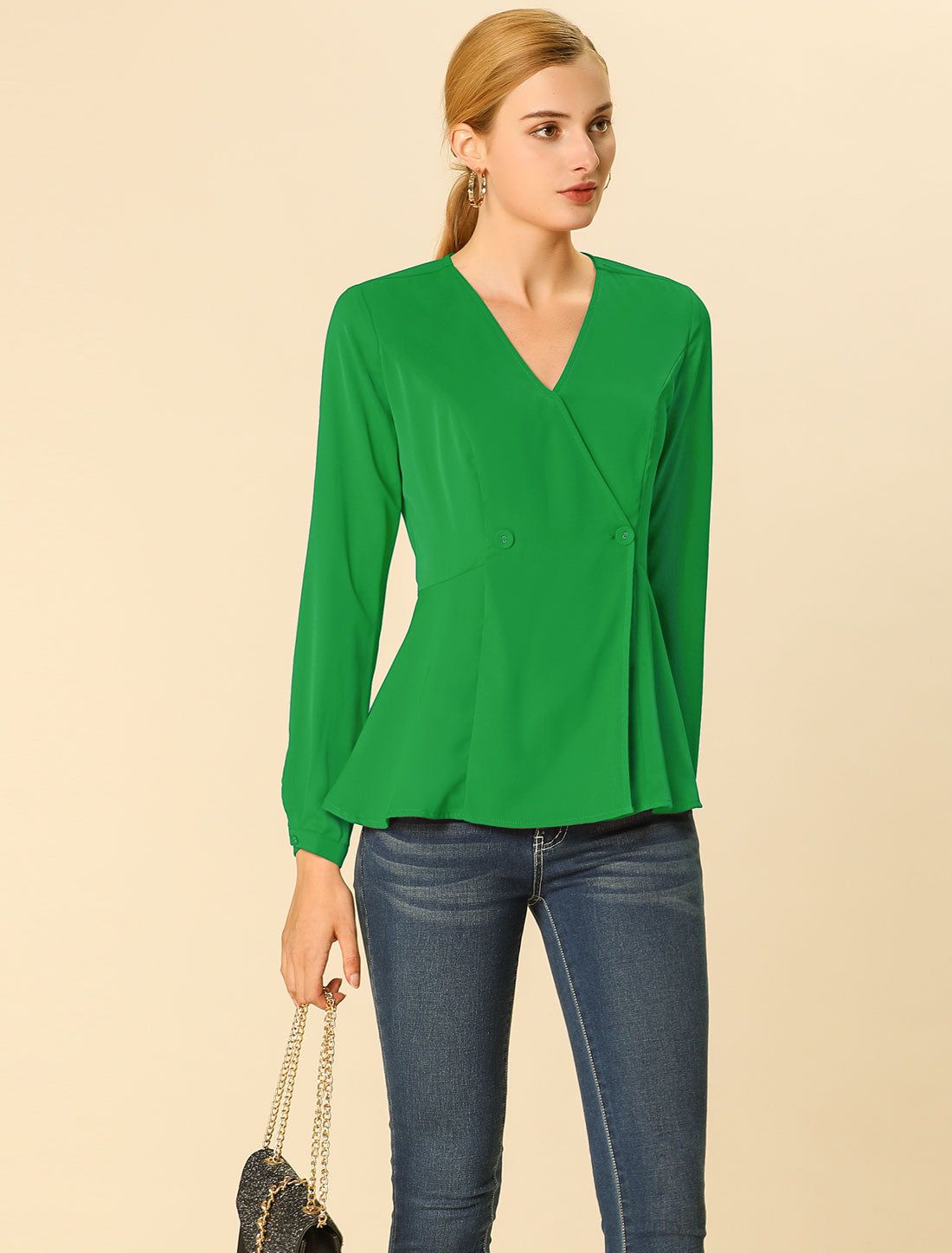 Elegant Peplum Blouse V Neck Button Closure Long Sleeve Top sold by Allegra K product image thumbnail 2