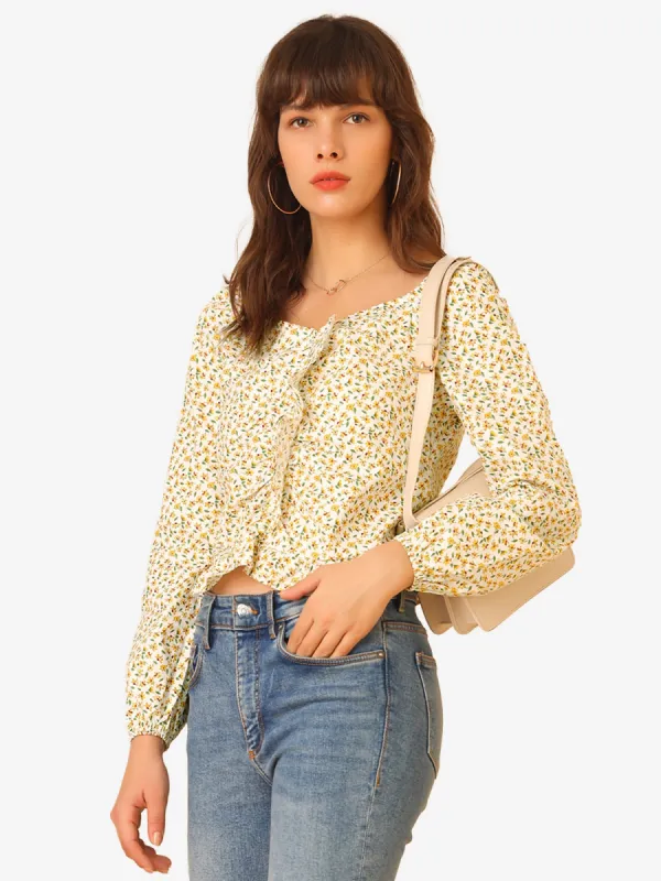 Ditsy Floral Sweetheart Neck Long Sleeve Pleated Ruffle Blouse Top sold by Allegra K