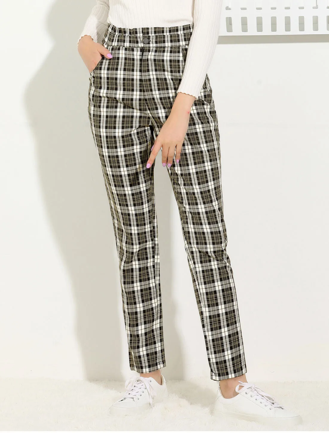 Plaid Work Ankle Pants Tartan Check Elastic High Waist Trousers sold by Allegra K