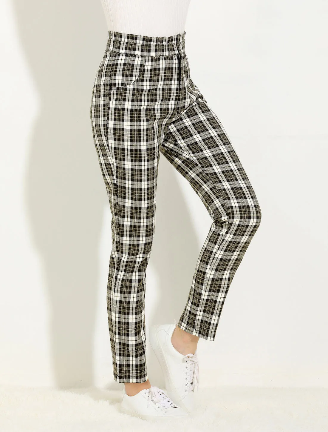 Plaid Work Ankle Pants Tartan Check Elastic High Waist Trousers sold by Allegra K product image thumbnail 3
