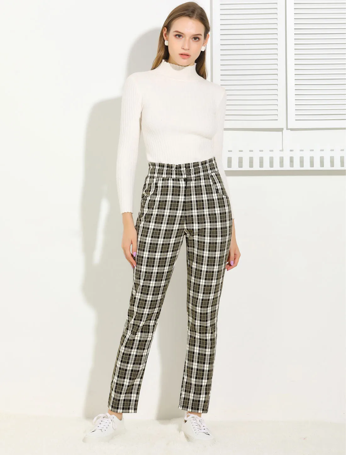 Plaid Work Ankle Pants Tartan Check Elastic High Waist Trousers sold by Allegra K product image thumbnail 4