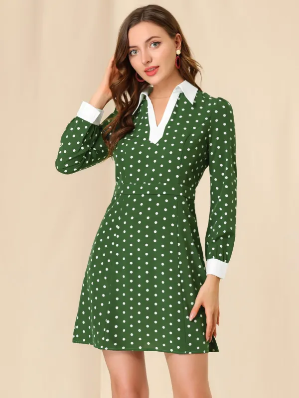 Retro Contrast Polka Dot Long Sleeve A-Line V-neck Lapel Dress sold by Allegra K
