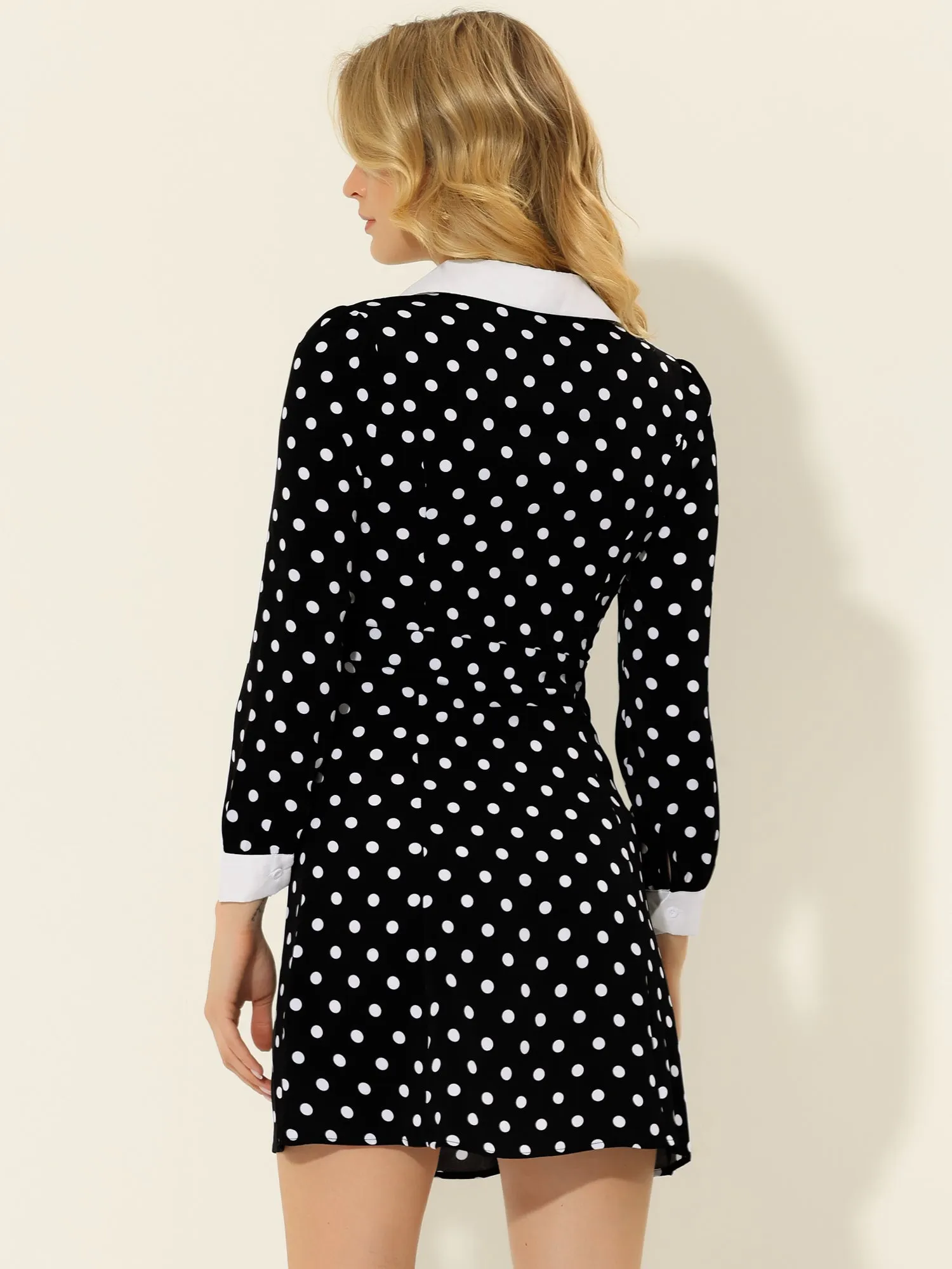 Retro Contrast Polka Dot Long Sleeve A-Line V-neck Lapel Dress sold by Allegra K product image thumbnail 5