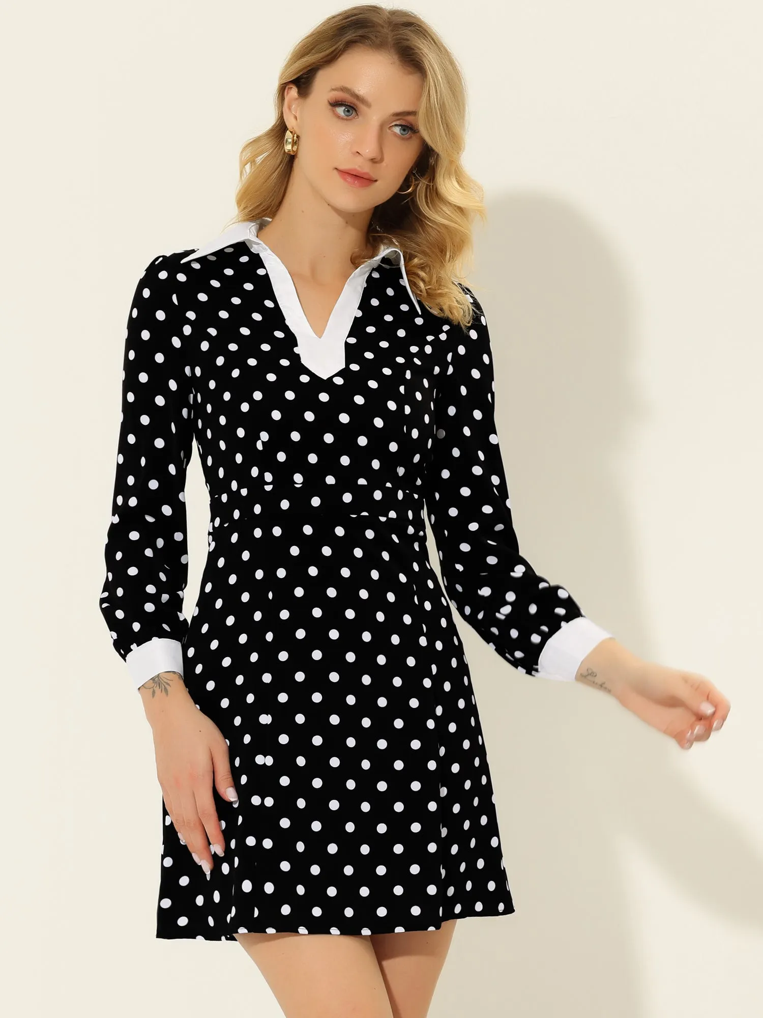 Retro Contrast Polka Dot Long Sleeve A-Line V-neck Lapel Dress sold by Allegra K product image thumbnail 2