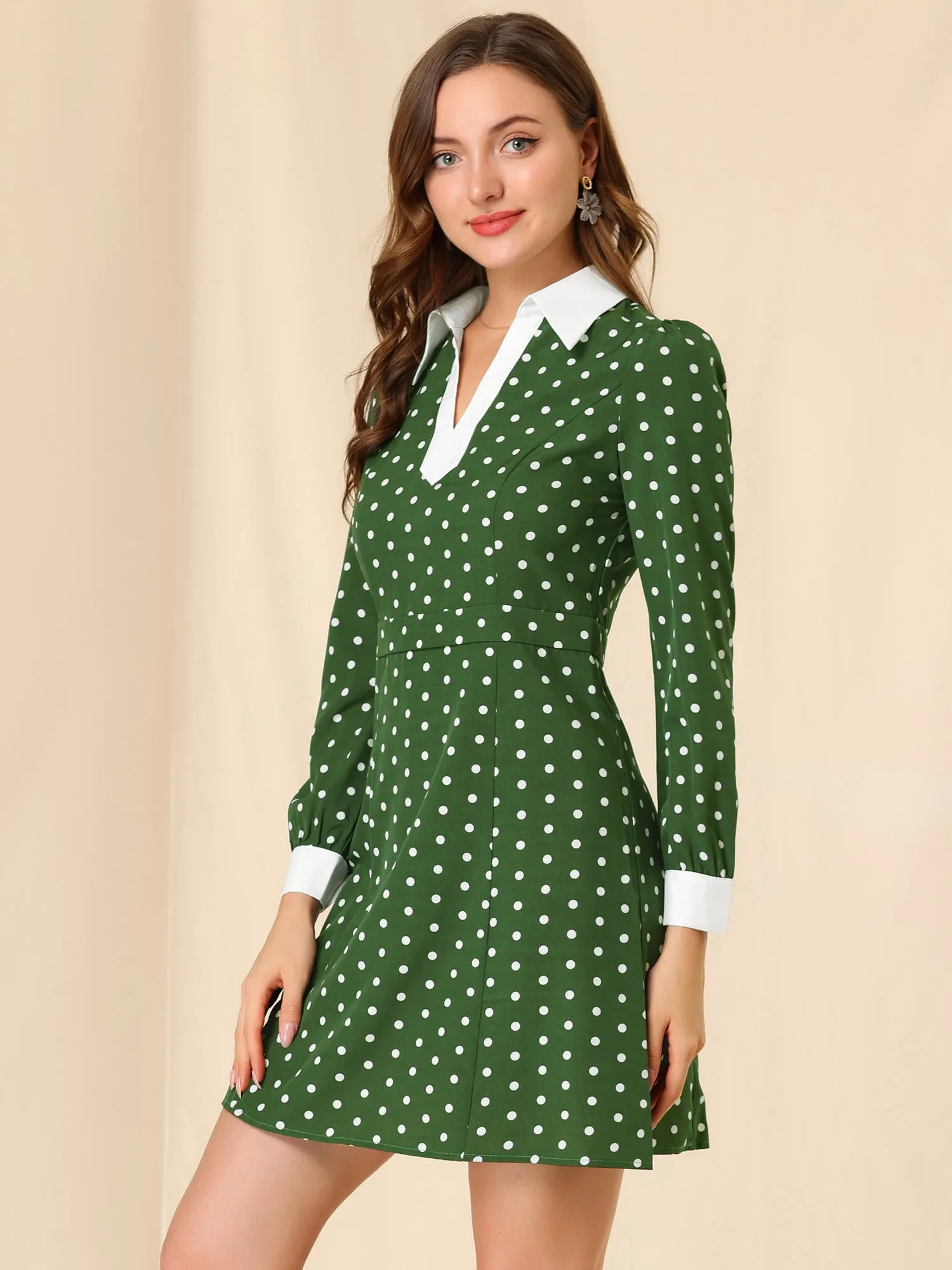 Retro Contrast Polka Dot Long Sleeve A-Line V-neck Lapel Dress sold by Allegra K product image thumbnail 4