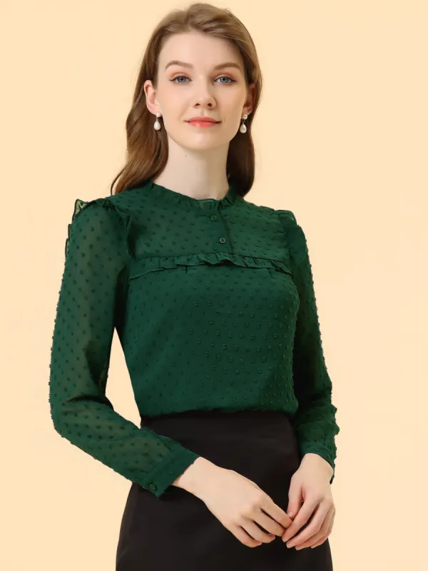 Elegant Swiss Dot Chiffon Long Sleeve Ruffled Work Office Blouse sold by Allegra K