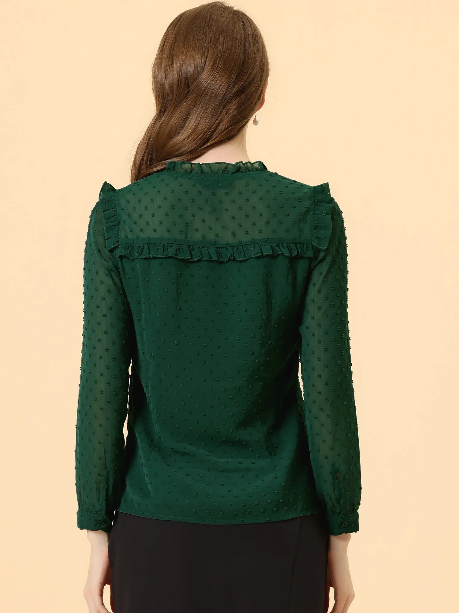 Elegant Swiss Dot Chiffon Long Sleeve Ruffled Work Office Blouse sold by Allegra K product image thumbnail 5