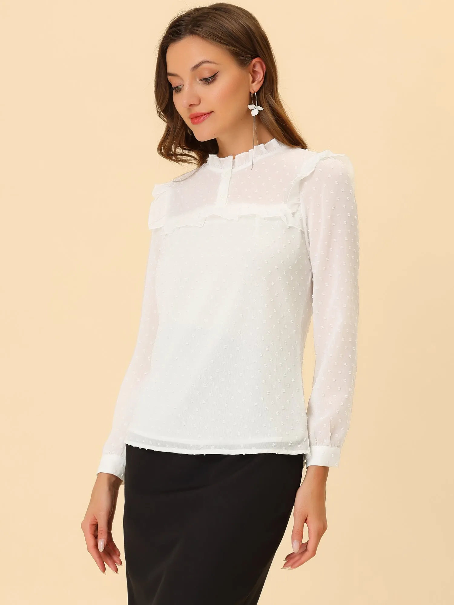 Elegant Swiss Dot Chiffon Long Sleeve Ruffled Work Office Blouse sold by Allegra K product image thumbnail 4