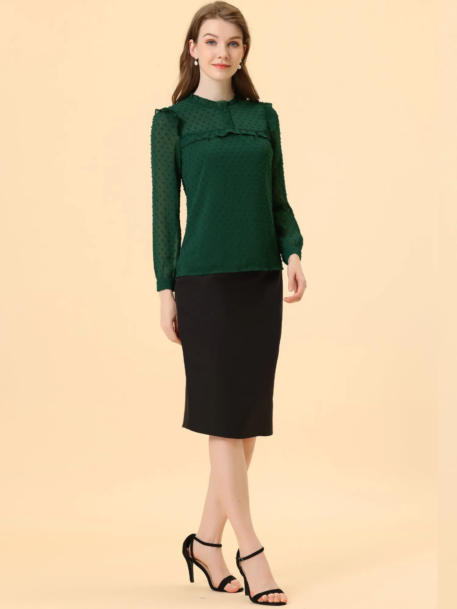 Elegant Swiss Dot Chiffon Long Sleeve Ruffled Work Office Blouse sold by Allegra K product image thumbnail 3