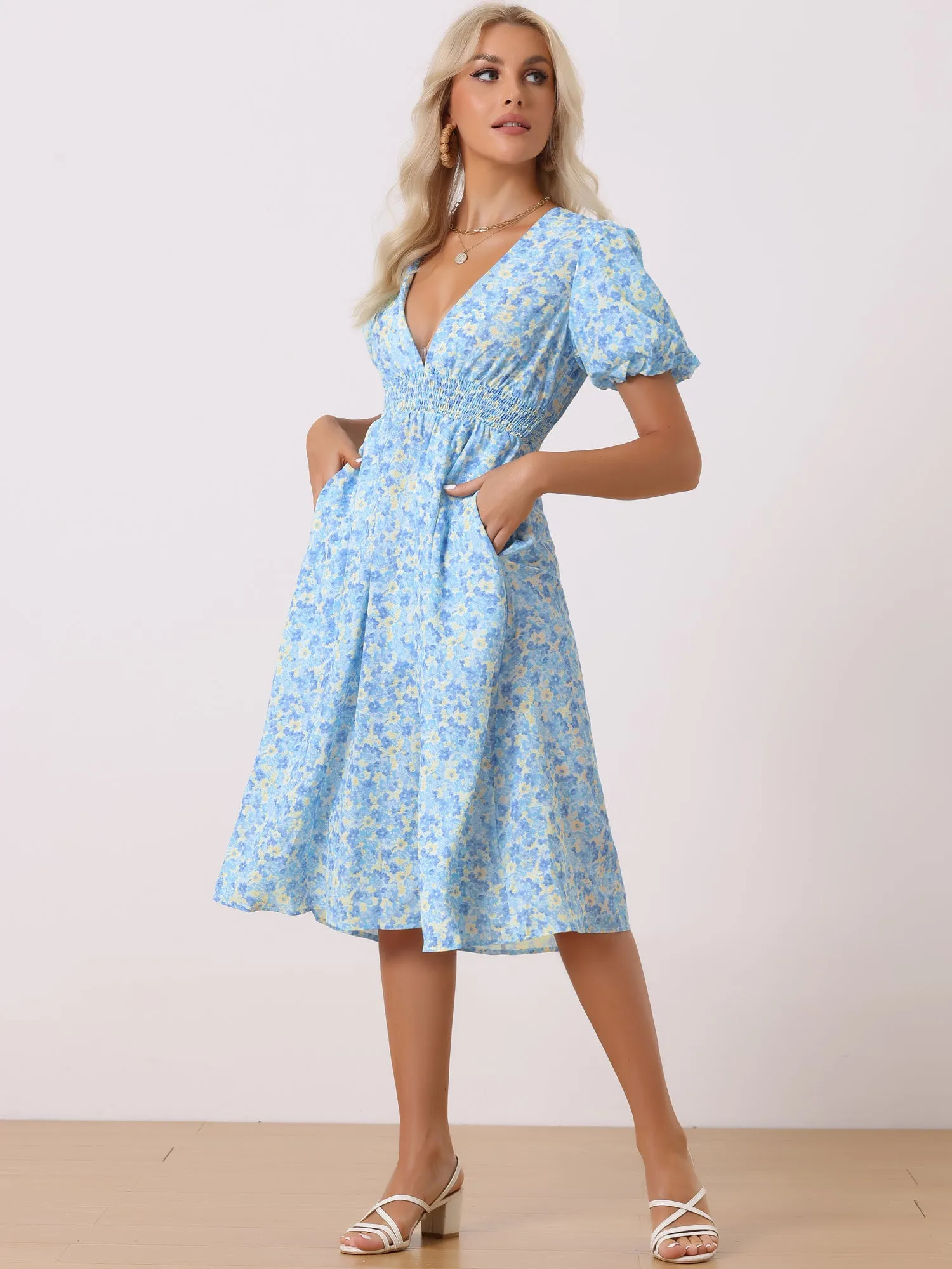 Floral V Neck Puff Sleeves Casual Smocked Waist Midi Dress sold by Allegra K