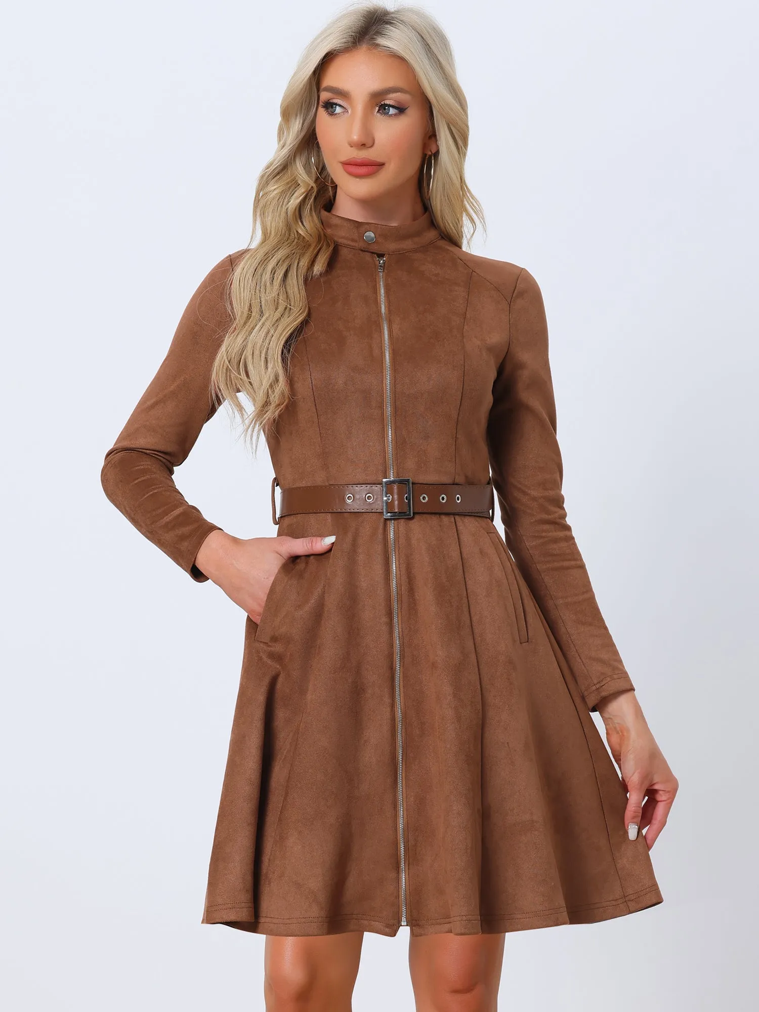 Faux Suede Stand Collar Zip Up Belted Vintage Dress sold by Allegra K product image thumbnail 5
