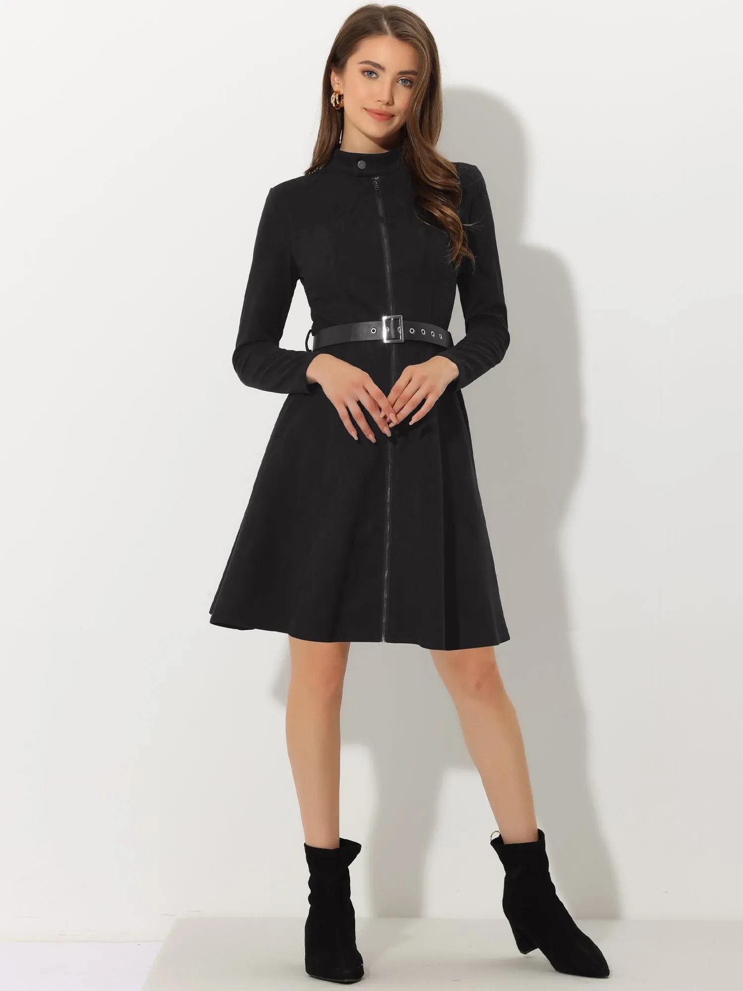 Faux Suede Stand Collar Zip Up Belted Vintage Dress sold by Allegra K product image thumbnail 2