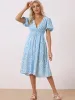 Floral V Neck Puff Sleeves Casual Smocked Waist Midi Dress sold by Allegra K